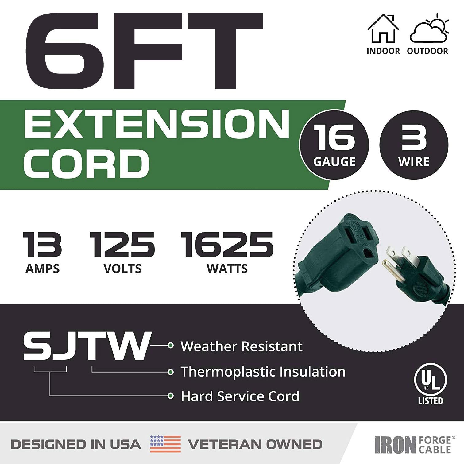 Iron Forge Cable Weatherproof Outdoor Extension Cord 6 Ft, 16/3 Sjtw Heavy Duty Green Extension Cord 3 Prong, 13 Amp Power Cable