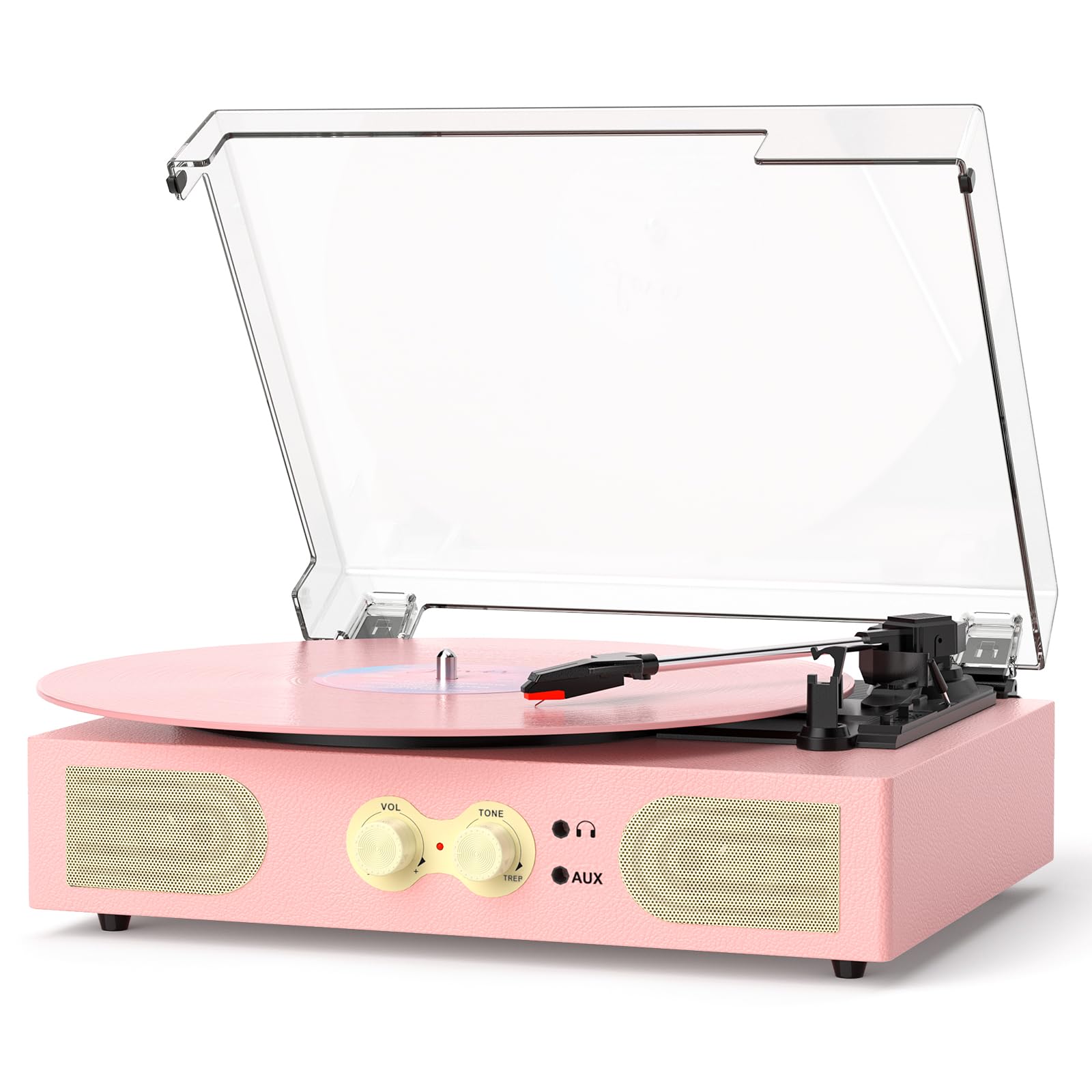 Vinyl Record Player with Built-in Speakers, Vintage 3-Speed Turntable, Bass/Treble Control, Headphone Jack, RCA/AUX Outputs, Bel