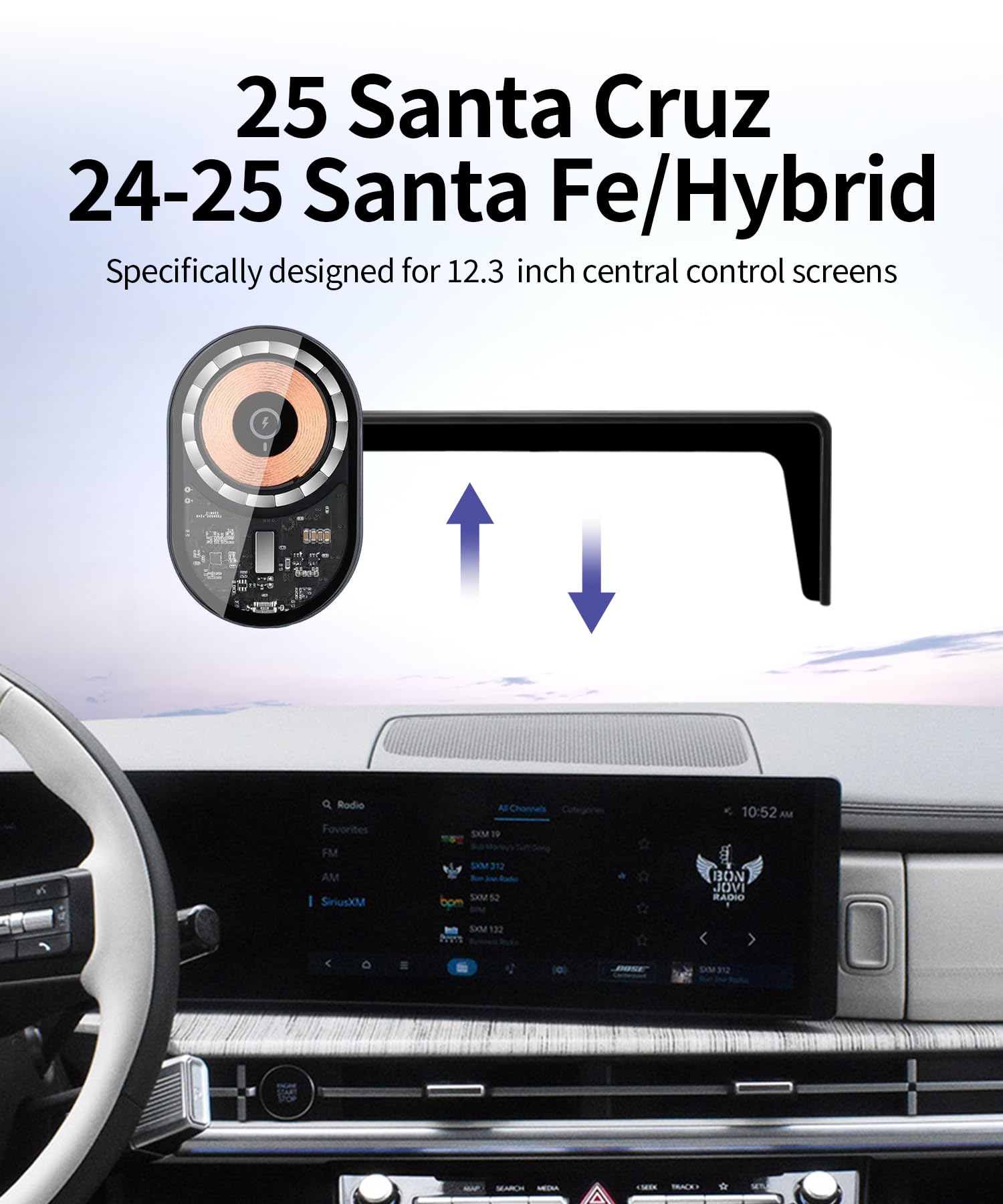 Masergogo Wireless Charging Car Phone Holder For Hyundai Santa Fe/Hybrid 2024 2025 / Santa Cruz 2025 Accessories 12.3 Inch Scree