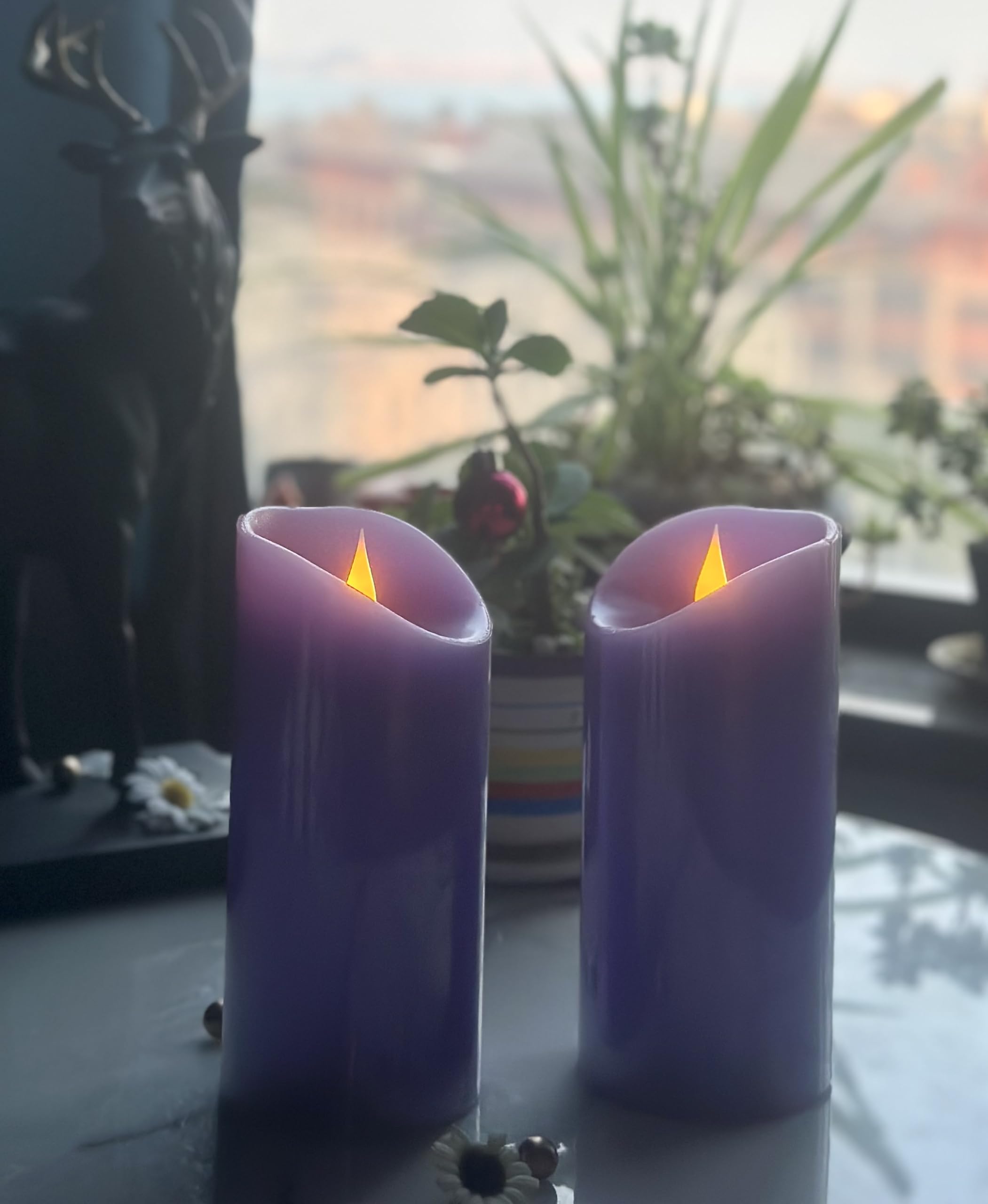 Adoria Large Purple Flameless Candles Remote And Timer Set Of 2  Real Wax Pillar Candles With 3D Realistic Flame Lavender Scente