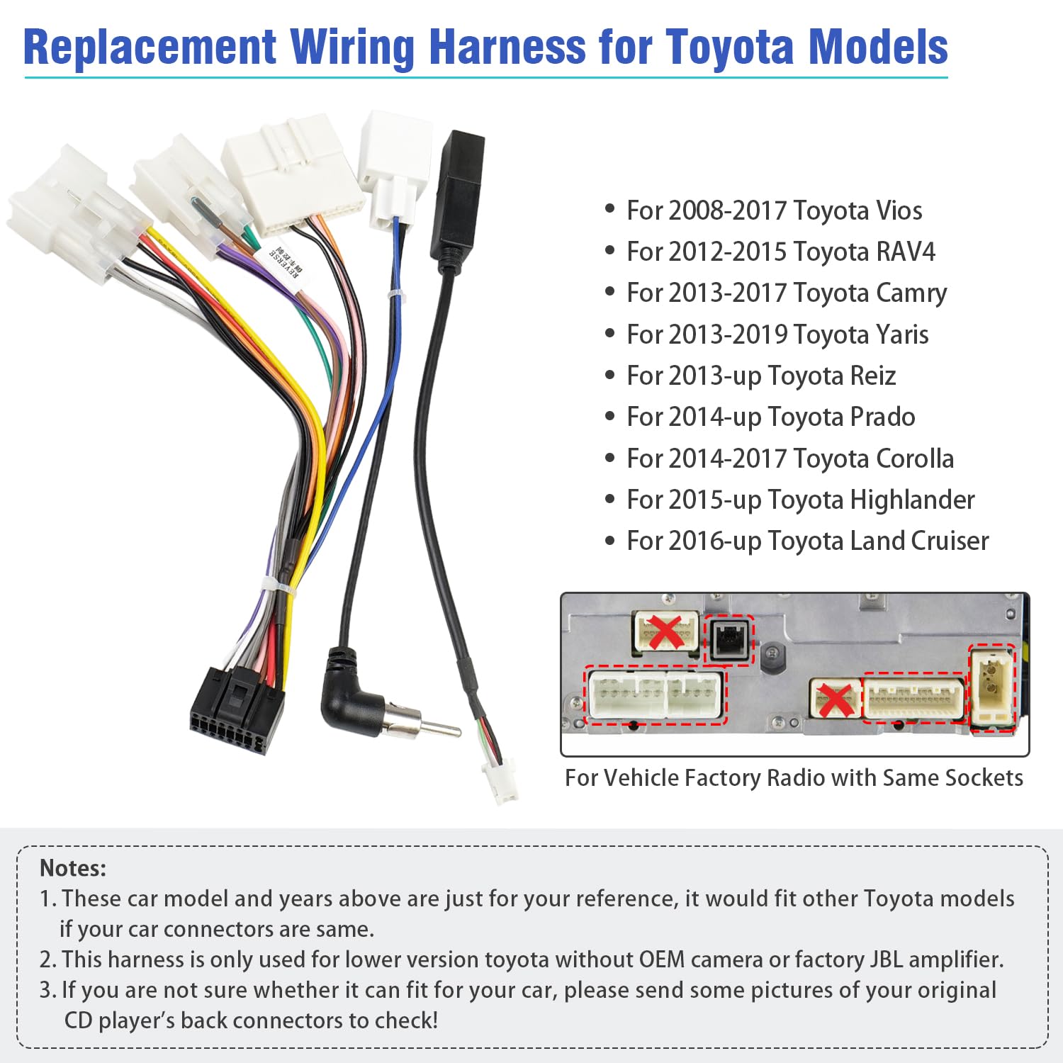 Jayubien 16Pin Radio Wire Harness Kit Replacement For 2012 Above Toyota Camry Rav4 Corolla Yaris Stereo Wiring Adapter With Butt
