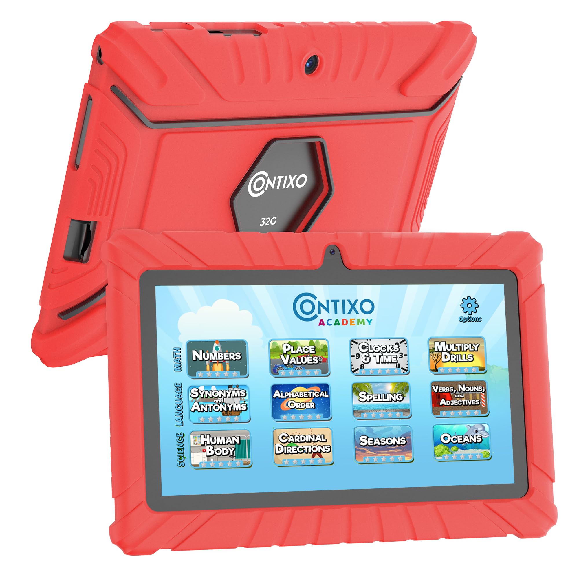 Contixo Kids Tablet V8 7 Inch Hd, Ages 3 7, Toddler Tablet With Camera, Parental Control   Android 11, 32Gb, Wifi, Learning Tablet For Kids, Red