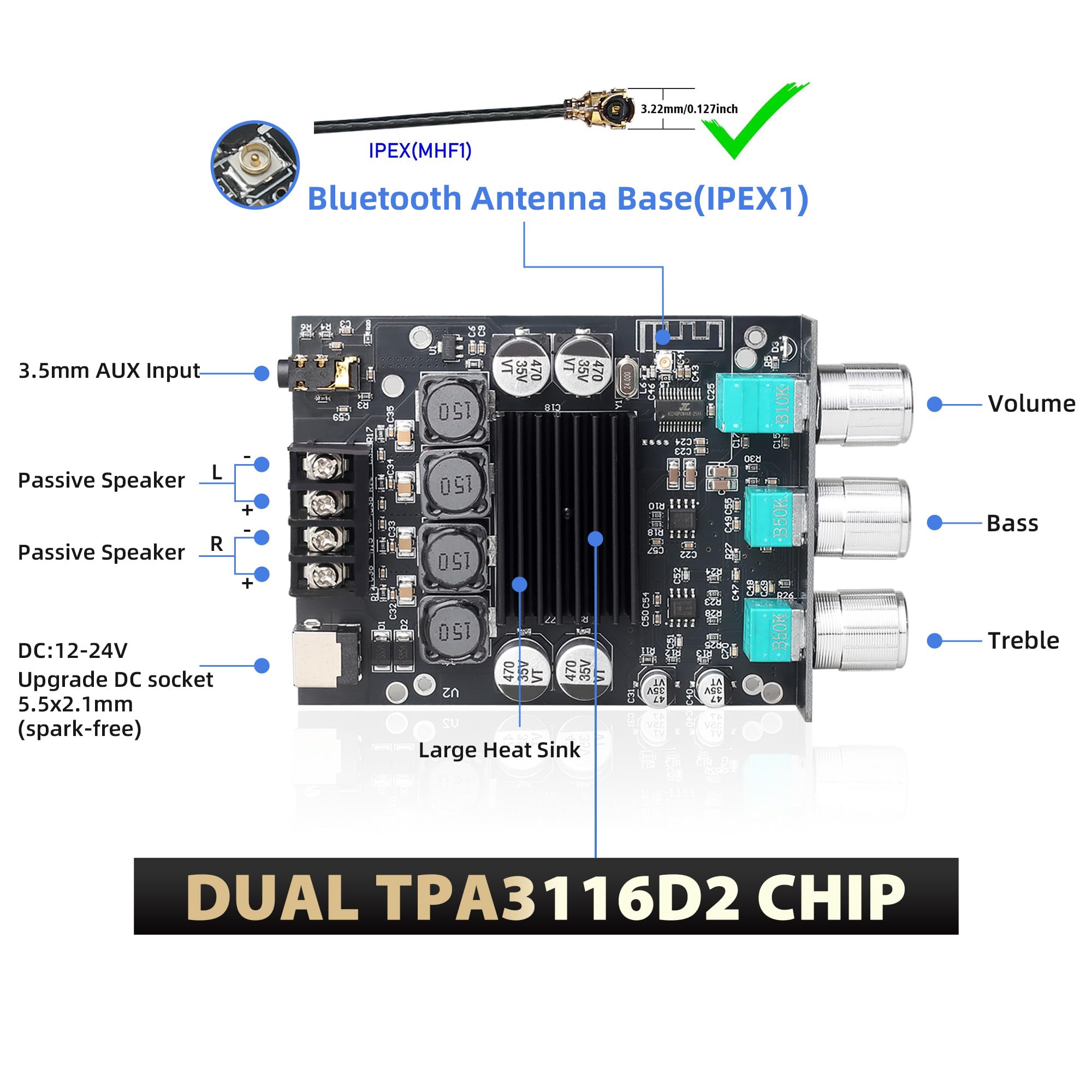 100W+100W Amplifier Board With Treble And Bass Control, Dc 9 24V, Bt And Aux Inputs, 2.0 Channel Stereo Amp Board For Diy Wirele