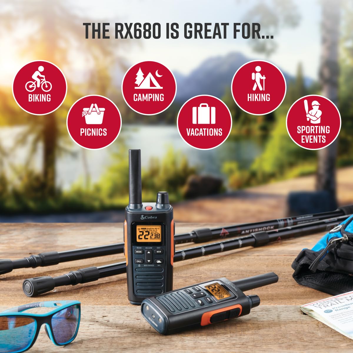 Cobra Rx680 Waterproof Walkie Talkies   Rechargeable, 60 Preset Channels, Long Range 38 Mile Two Way Radio Set (2 Pack),Black And Orange