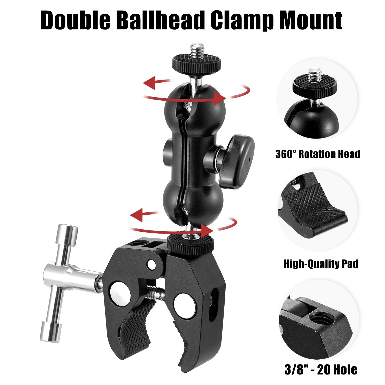 Wanby Double Ballhead Magic Arm Camera Clamp Mount Monitor Mount Bracket With Super Clamp With 1/4'' And 3/8'' Thread For Dslr C