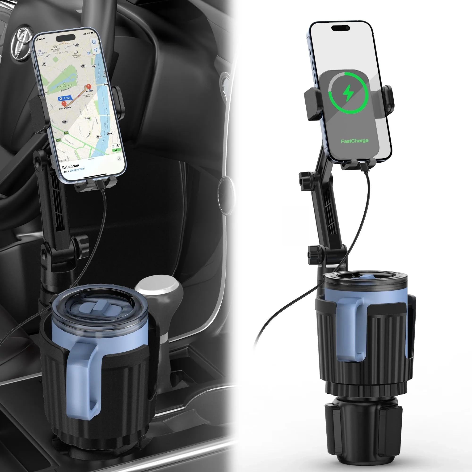 Wireless Car Charger Phone Mount Cup Holder, 3 In 1 15W Fast Charging Auto Clamping Cup Holder Expander For Car, Phone Holders F