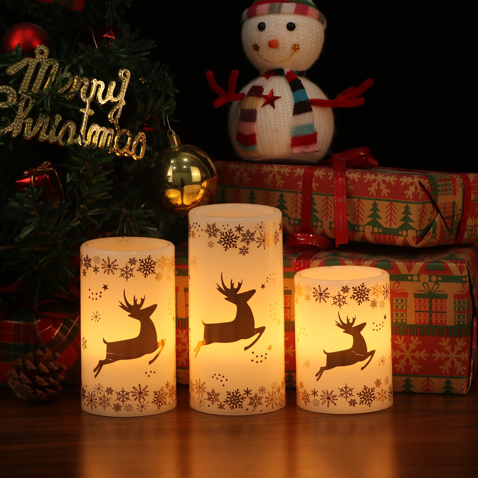 Wondise Flameless Flickering Candles With 6H Timer, Gold Deer Christmas Battery Operated Candles 3 Pack Real Wax Warm Light Led