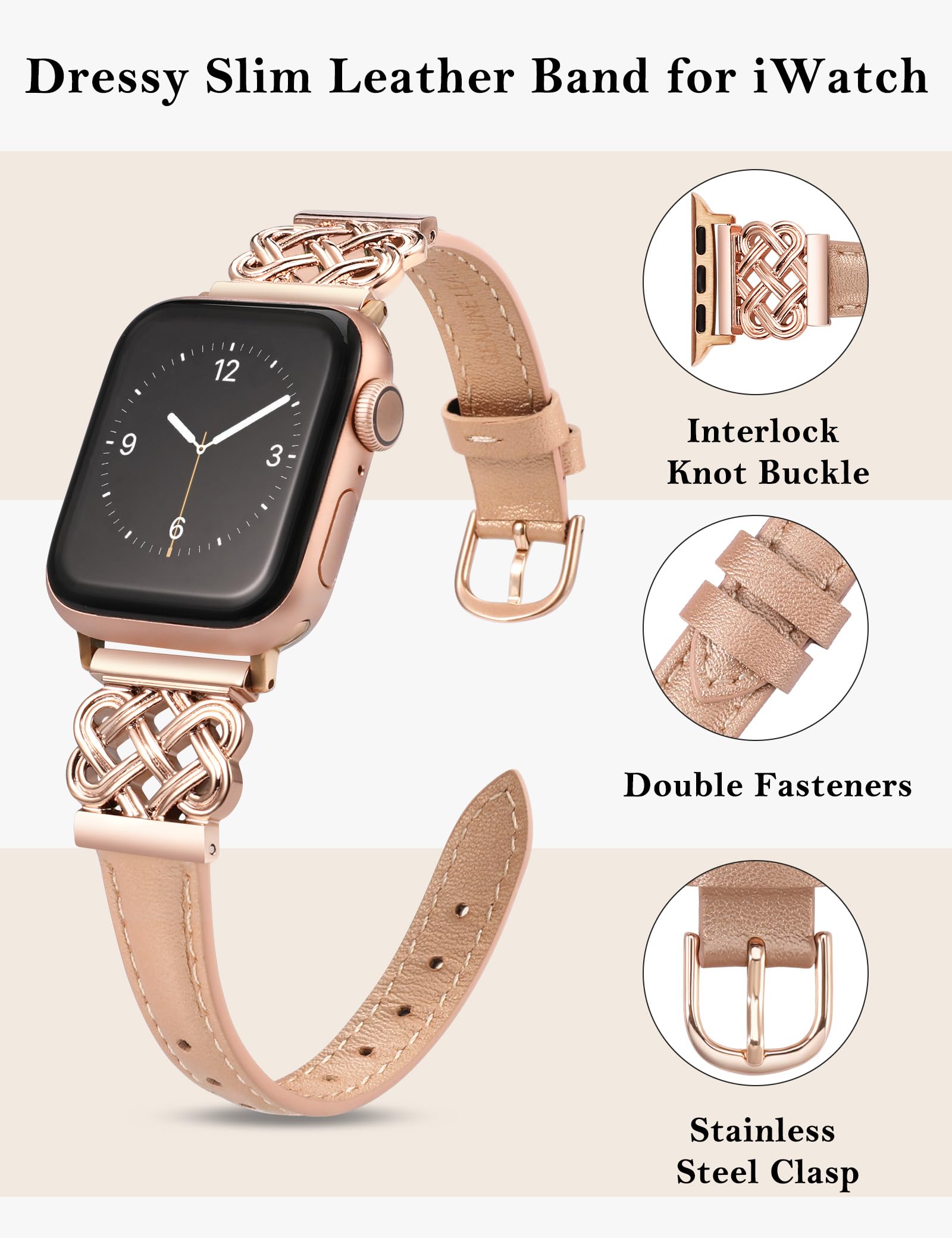 Toyouths Leather Band Compatible With Apple Watch Bands Women 42/44/45/46/49Mm Dressy Slim Thin Leather Strap With Designer Inte