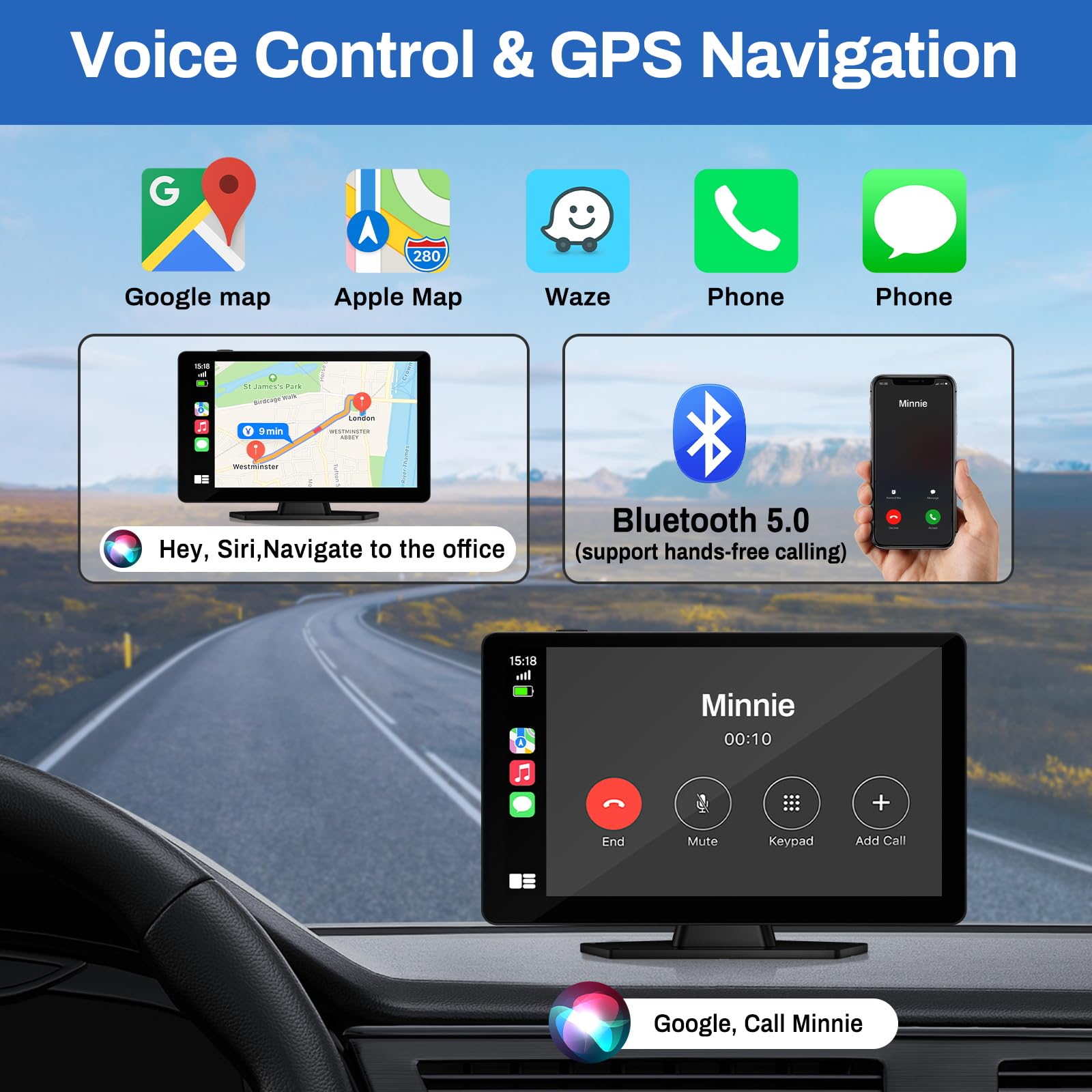Wireless Carplay Screen For Car With 4K Dash Cam, 9 Portable Carplay & Android Auto, Hd Touchscreen With 1080P Backup Camera, Gp
