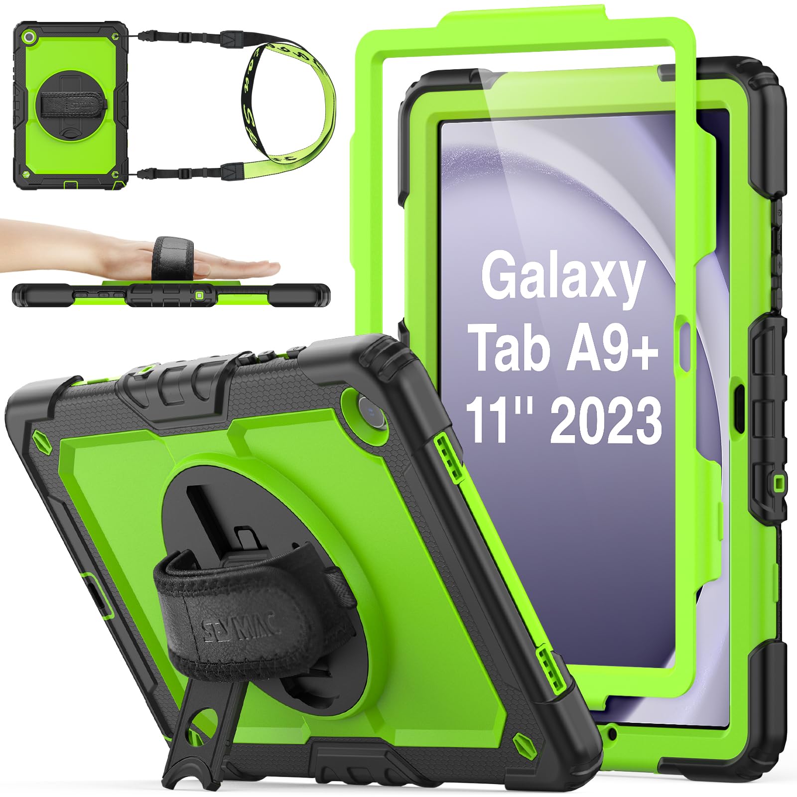 Seymac Stock 360 Hand Strap Shockproof Case For Samsung Galaxy Tab A9 Plus 11 Inch, Green+Black