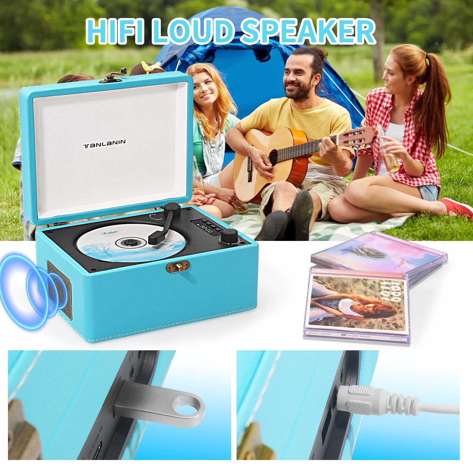 TANLANIN Portable CD Player with Bluetooth, Upgraded Speakers, Rechargeable, LED Screen, USB Type-C, Small, Blue Boombox for Home
