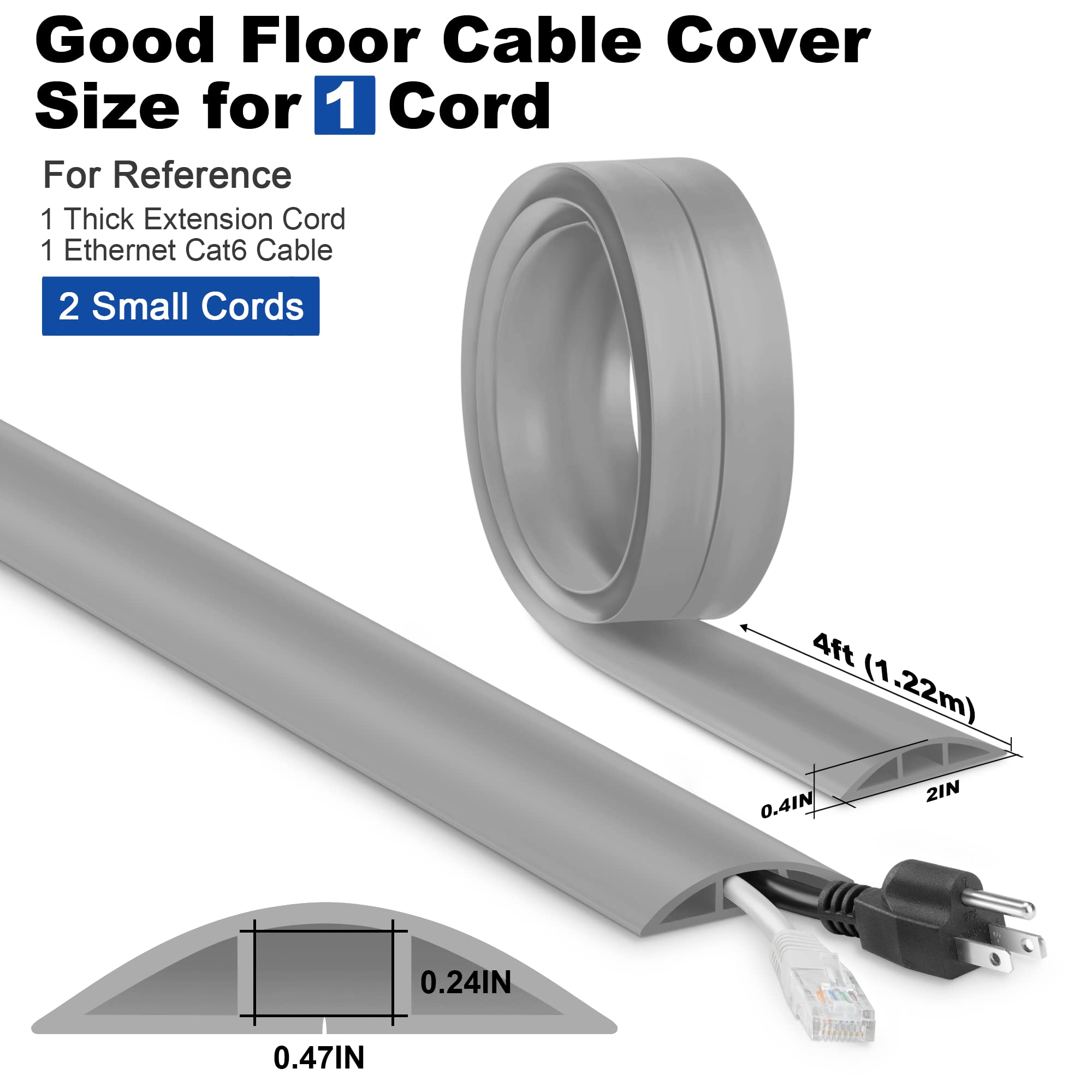 4Ft Cord Cover Floor, Grey Cord Hider Floor, Extension Cable Cover Power Cord Protector Floor, Cable Management Hide Cords On Fl