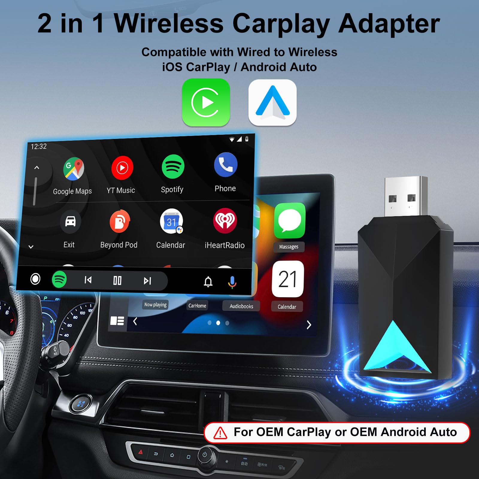 Vcarlinkplay Wireless Carplay Adapter/Android Auto, 2 In 1 Wired To Wireless Carplay Dongle Fit For Factory Wired Carplay/Androi
