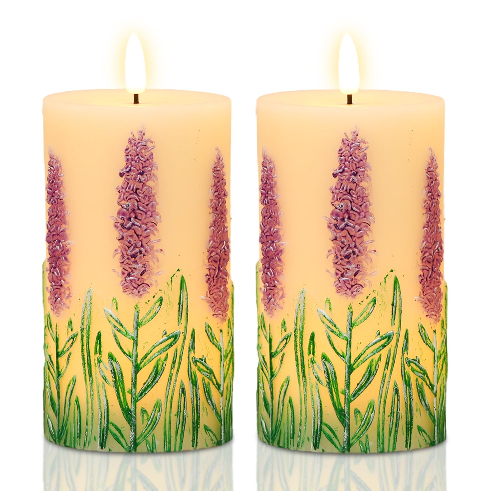 Lasumora Lavender LED Candles with 6H Timer, flameless Candles with Flickering Flame, Waxy Pillar 2 Pack Flickering Unscented Ho