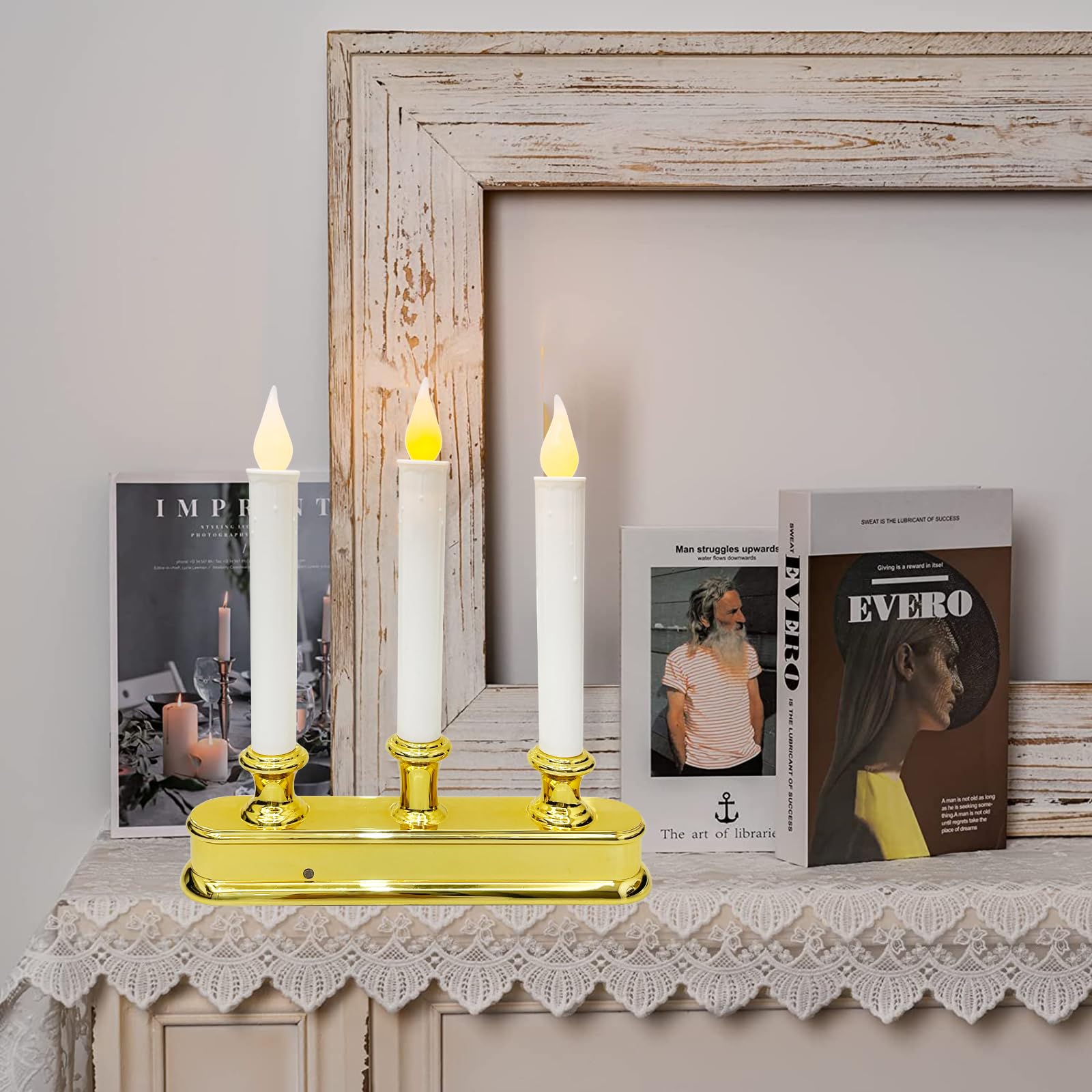 Bokoiuu Christmas Window Candle Lamps, 3 Lights Flameless Flicker Led Lights And Golded Base, Battery Powered Window Candle Fit