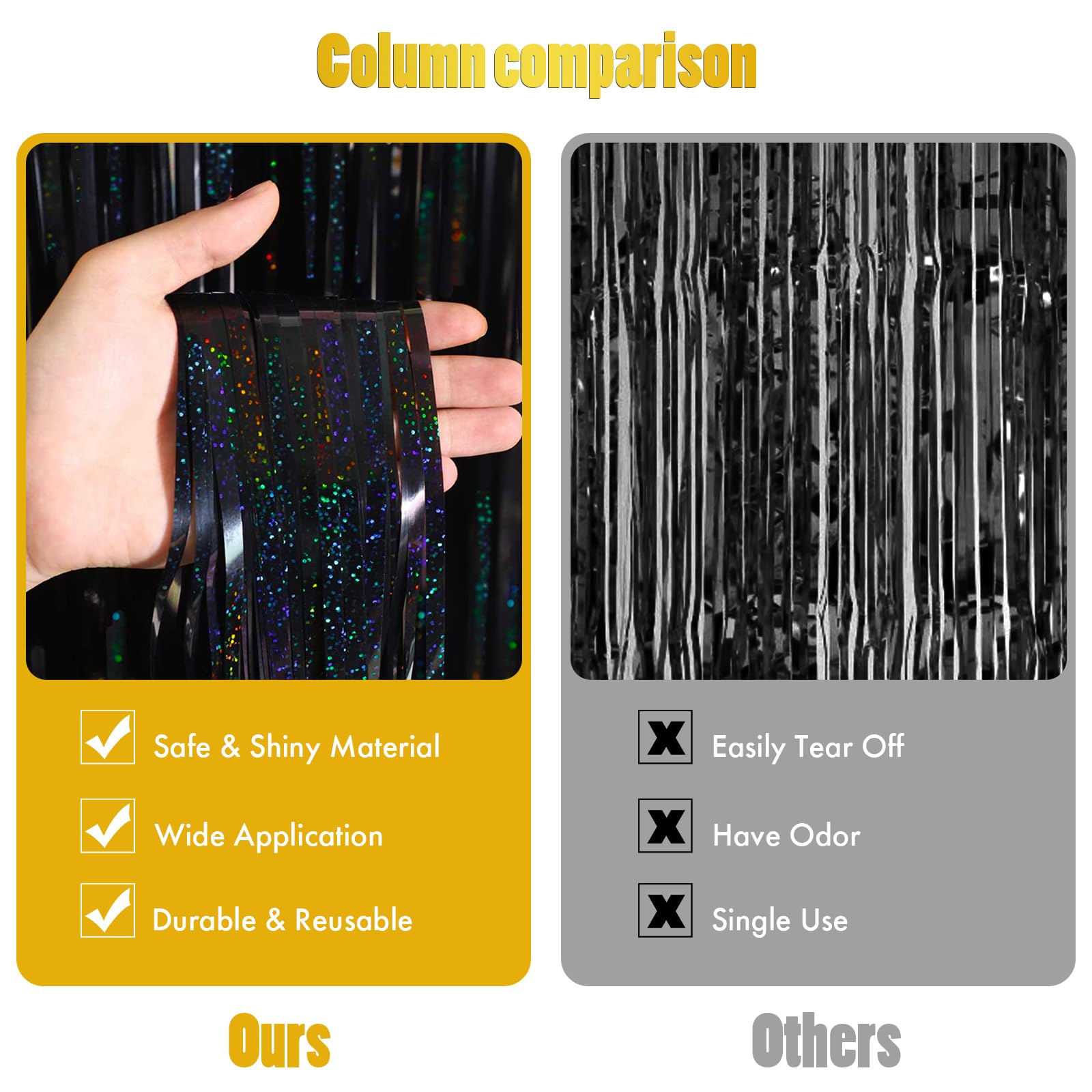 Canrevel 2 Pack 3.3X8.2 Feet Laser Black Foil Fringe Backdrop Curtains, Tinsel Streamers Birthday Party Decorations, Fringe Back