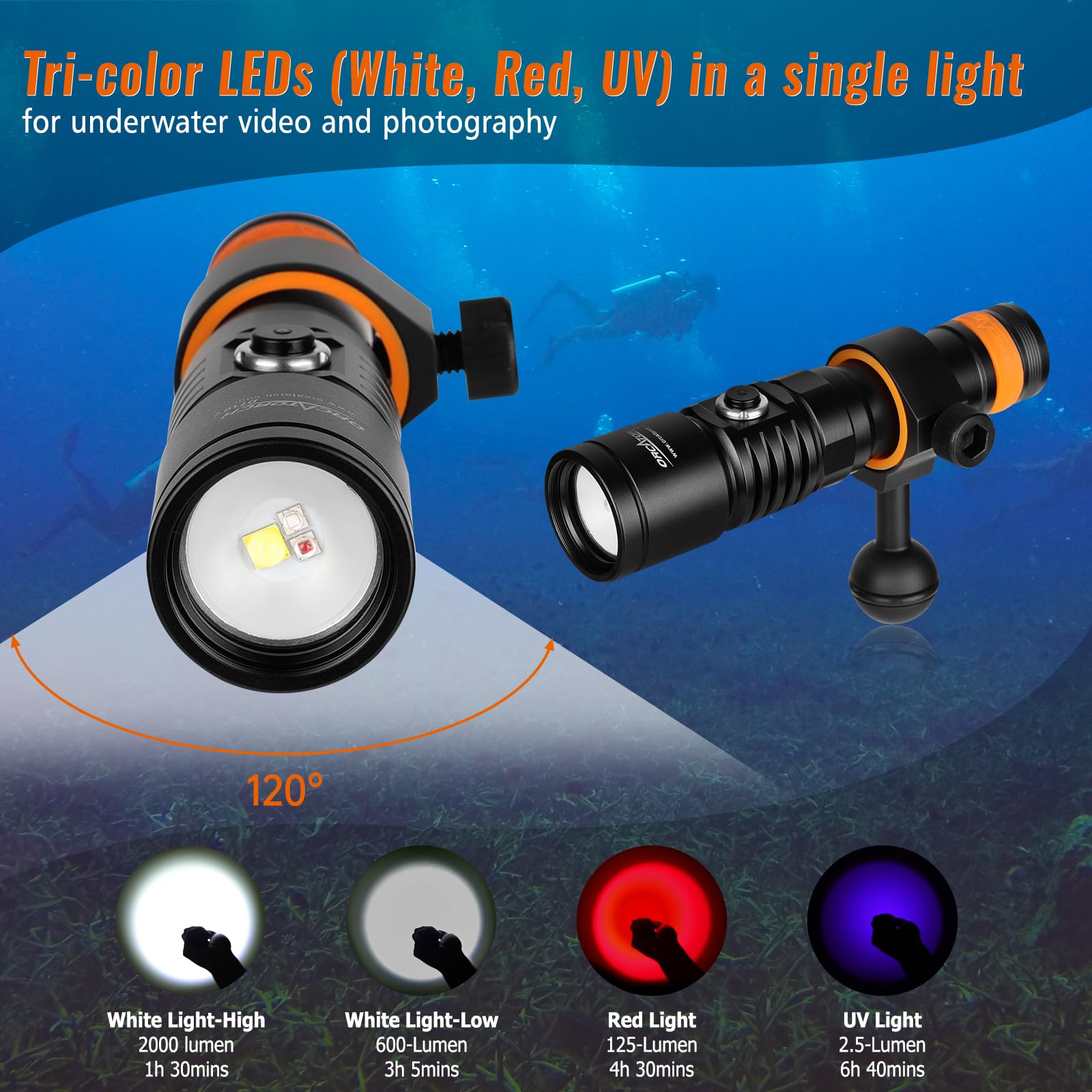 Orcatorch D710V 2000 Lumens Underwater Video Light, White Red Violet Tri Color, 120 Degree Wide Beam Scuba Flashlight For Dive P