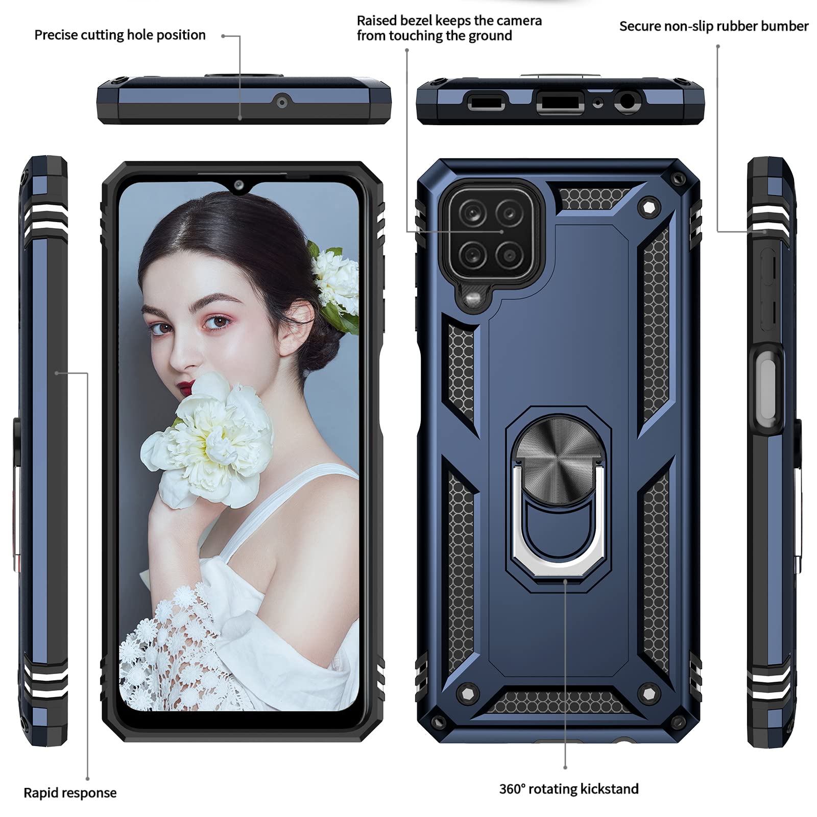 Leyi For Samsung Galaxy A12 Case With Screen Protector [2 Pack], Case For Galaxy A 12 For Men Women, Magnetic Ring Holder Kickst