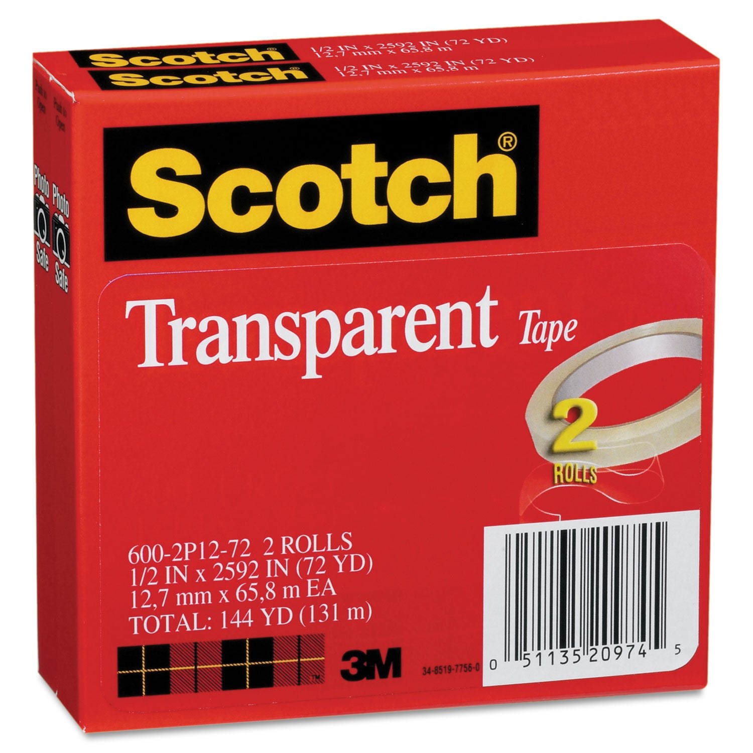 Scotch 6002P1272 Transparent Tape, 3 Inch Core, 1/2 Inch X2592 Inch, 2/Pk
