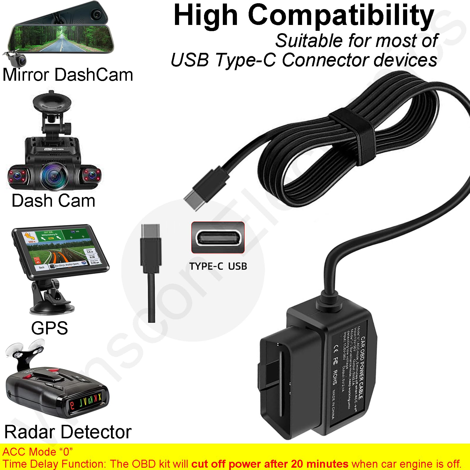 Dash Cam Hardwire Kit Obd, Type C Dash Camera Hardwire Kit Usb C With Obd Power Cable For Dashcam 12 24V To 5V/3A With Low Volta