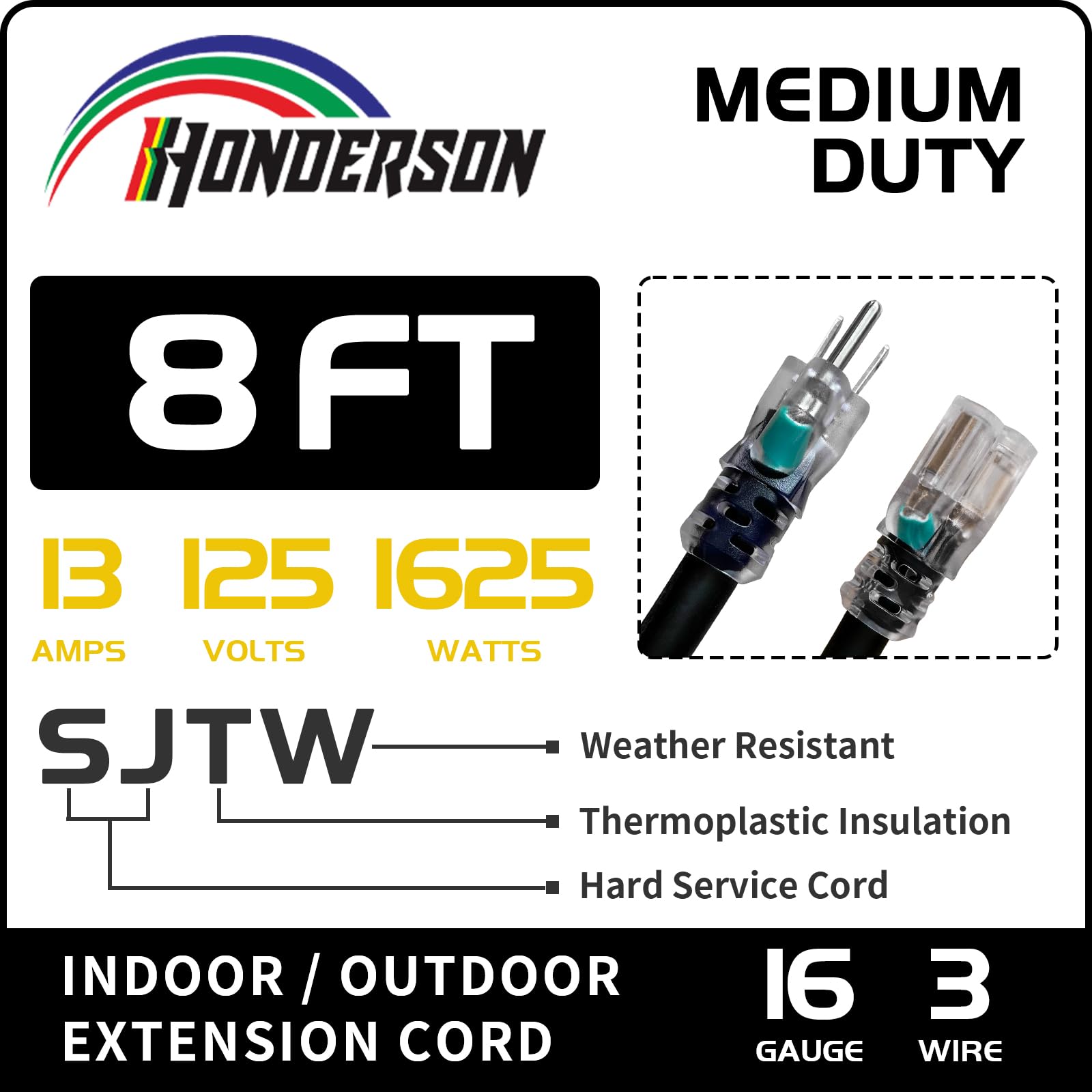 Honderson 8Ft 16/3 Christmas Lighted Outdoor Extension Cord   16 Gauge 3 Prong Sjtw Black Extension Cable With 3 Prong Grounded