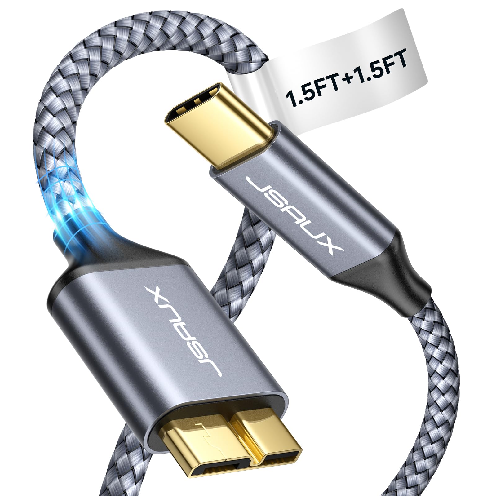 Jsaux 10Gbps Micro B To Usb C Hard Drive Cable 1.5Ft+1.5Ft, Usb C To Micro B Cord, Usb C To External Hard Drive Cable Compatible