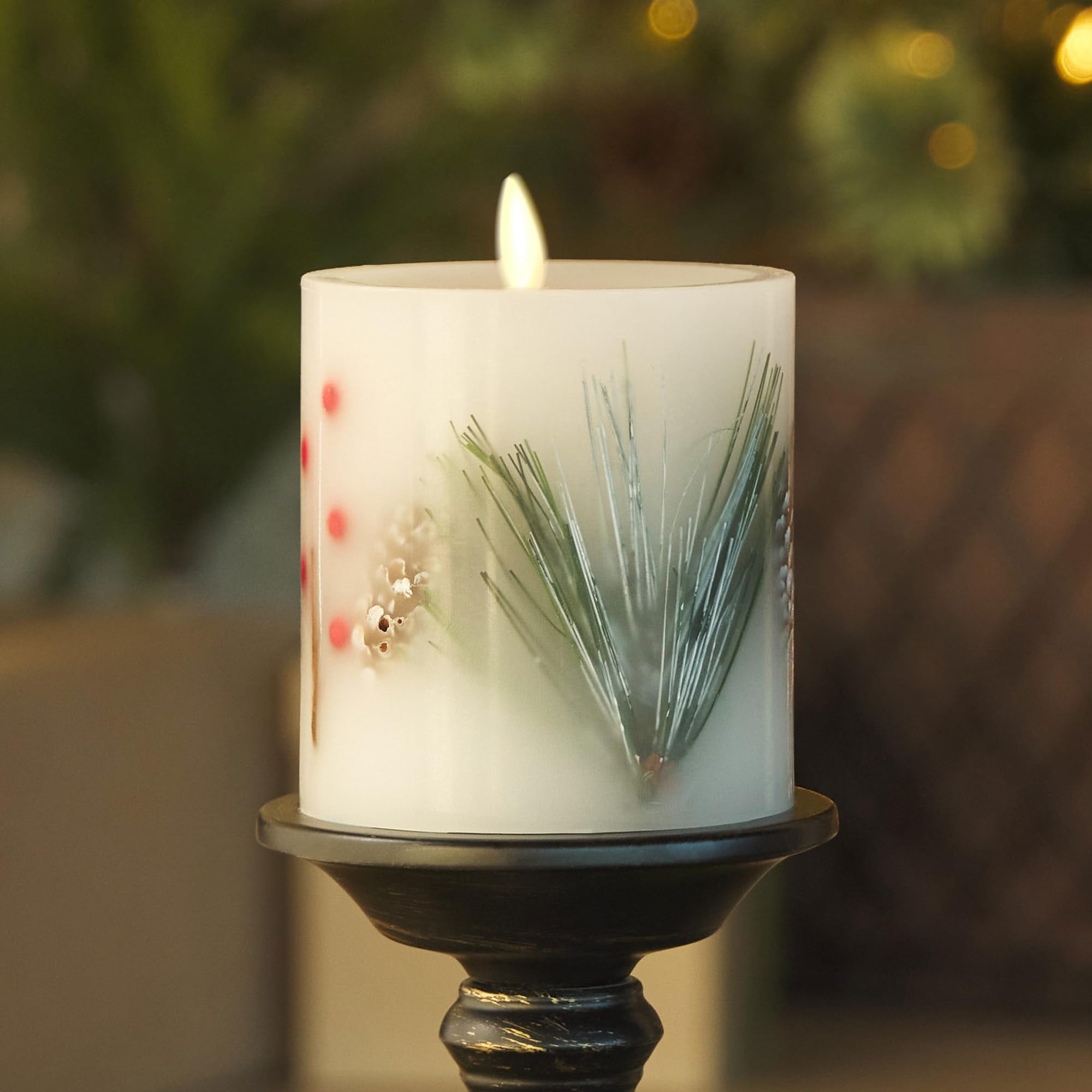 Luminara Embedded Flameless Led Candle, Pine Berries 3.5'' X 4.5'', Moving Flame Pillar, Battery Operated Timer, Real Wax, Unsce