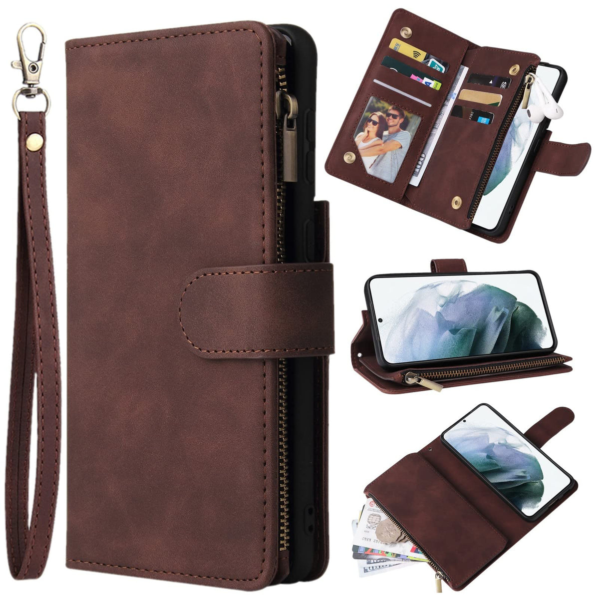 Zzxx Samsung Galaxy S22 Case Wallet With Card Slot Premium Soft Pu Leather Zipper Flip Folio Wallet With Wrist Strap Kickstand P