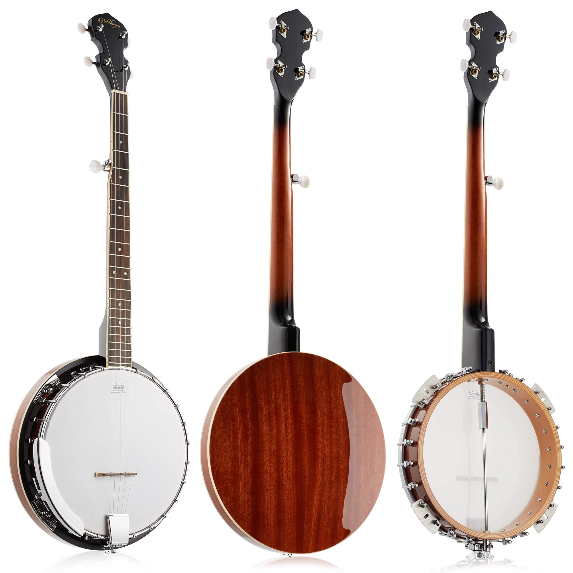 Ashthorpe 5-String Banjo - Full Size With 24 Brackets, Closed Back, Mahogany Resonator, Geared 5Th Tuner, Padded Gig Bag