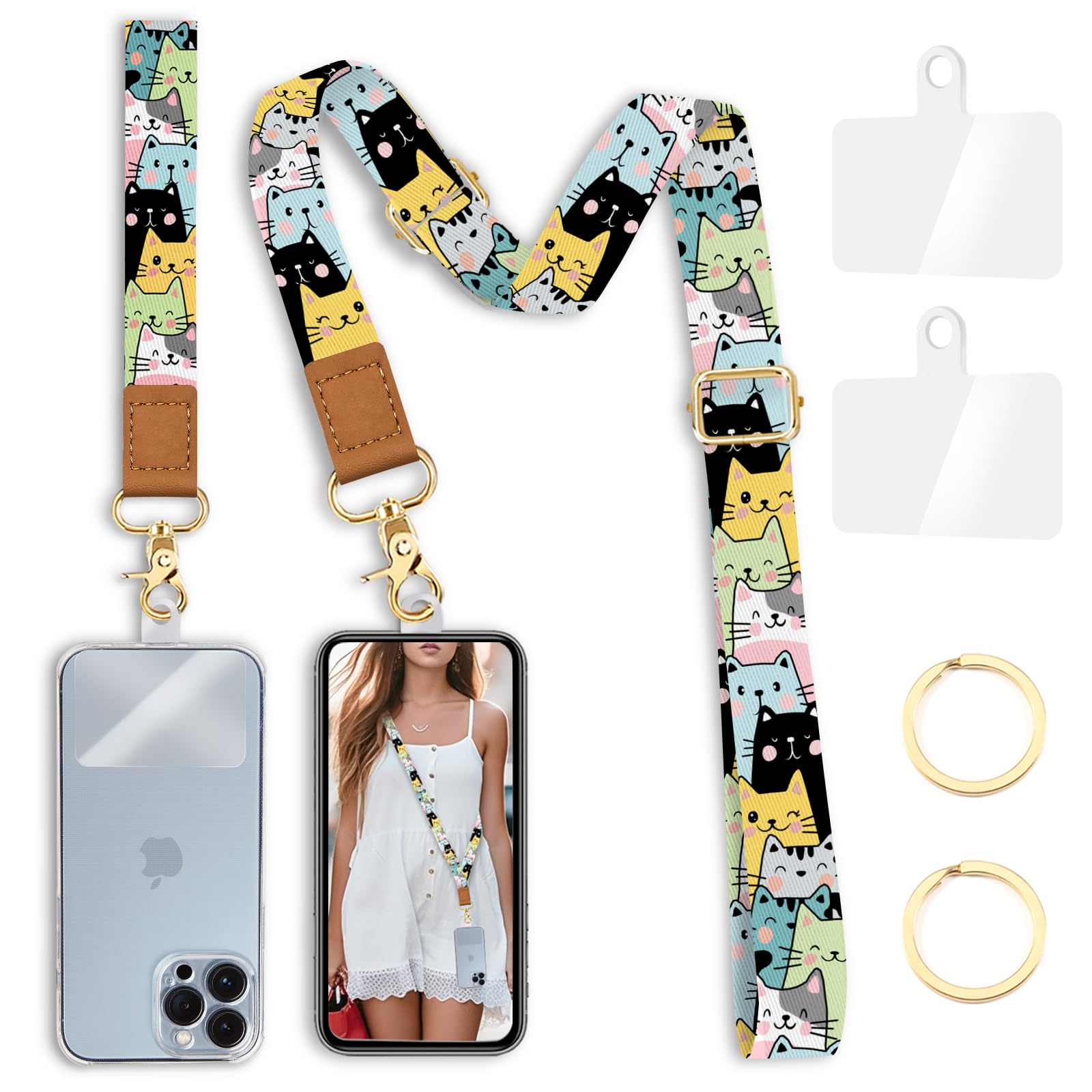 Yonlevres Phone Lanyard Crossbody Phone Strap, Cute Cat Cell Phone Lanyards For Around The Neck Wristlet Wrist Strap, Adjustable