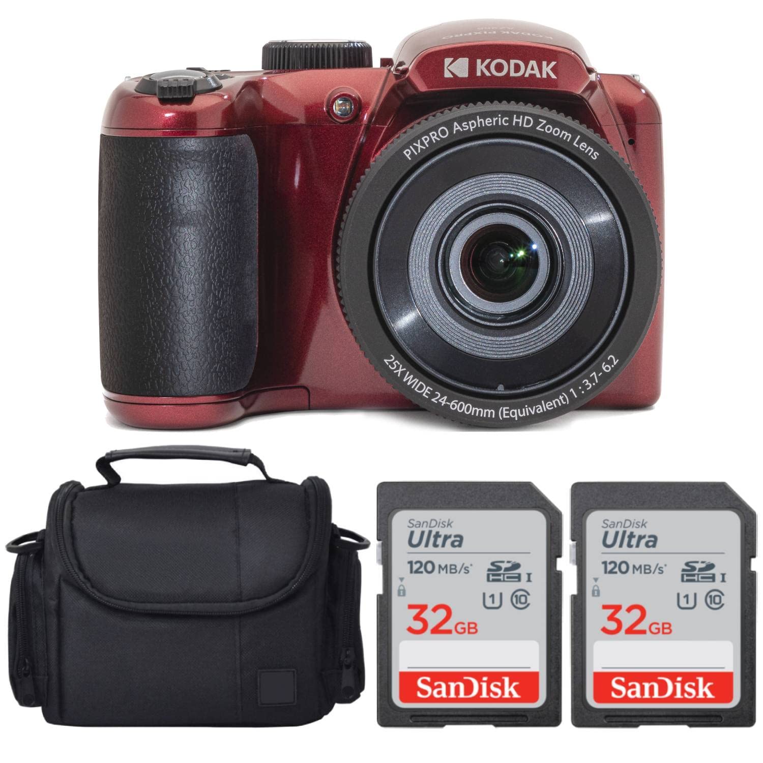 Kodak Pixpro Az255 25X Optical Zoom 16Mp Digital Camera (Red)+ Sandisk 32Gb Memory Card (2) + Digital Camera/Video Case