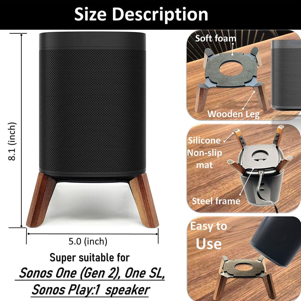 Real Wood Stand Compatible For Sonos One, One Sl, Play:1 Home Speaker,Tripod Mount Accessories Protect Sonos Get Better Sound,Secure Stable Sturdy Wooden Holder Fit Sonos One Gen2,Walnut