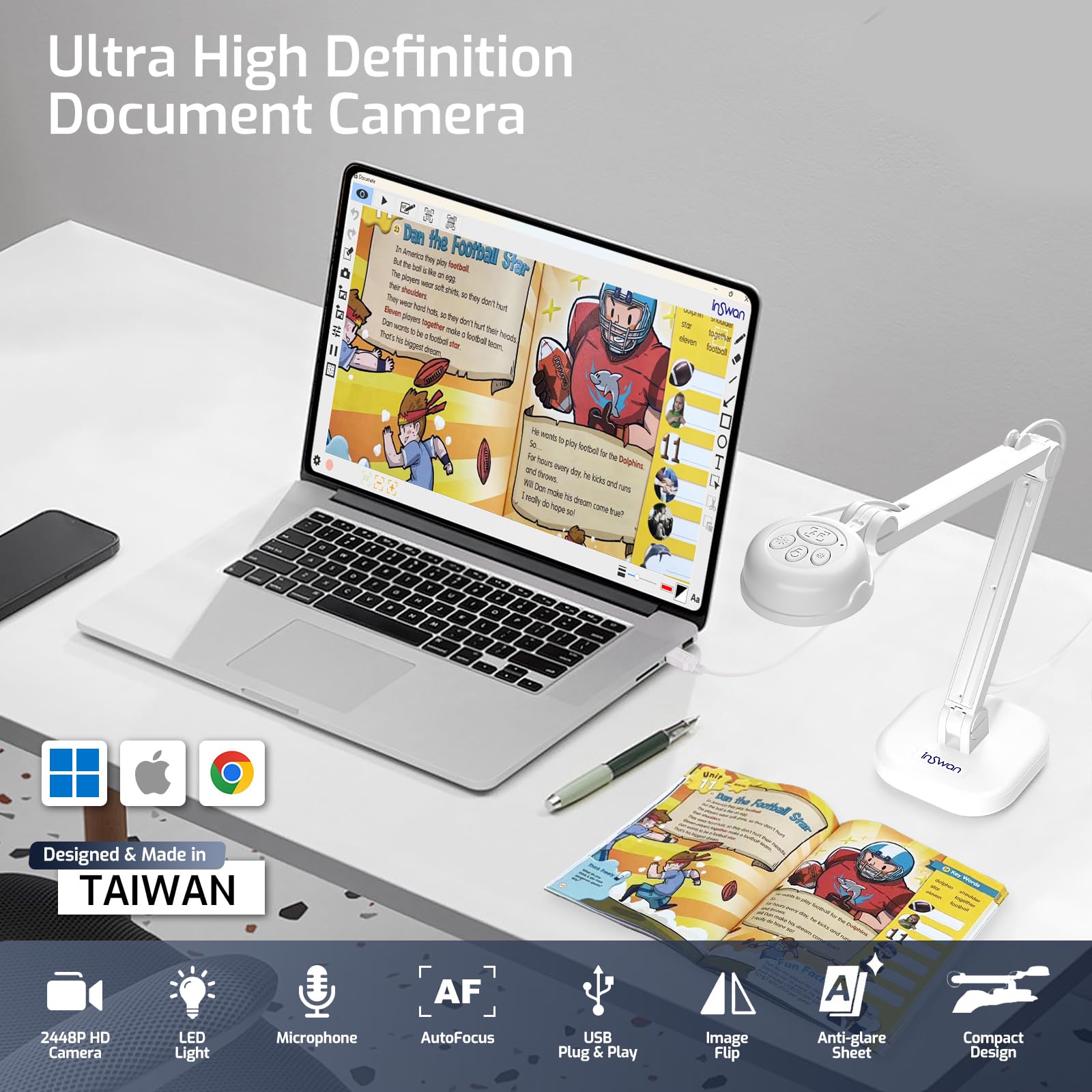 Inswan Ins 1 Usb Document Camera   8Mp Ultra Hd, Auto Focus, Led Light, Built In Microphone, Mac Os, Windows, Chromebook Compati