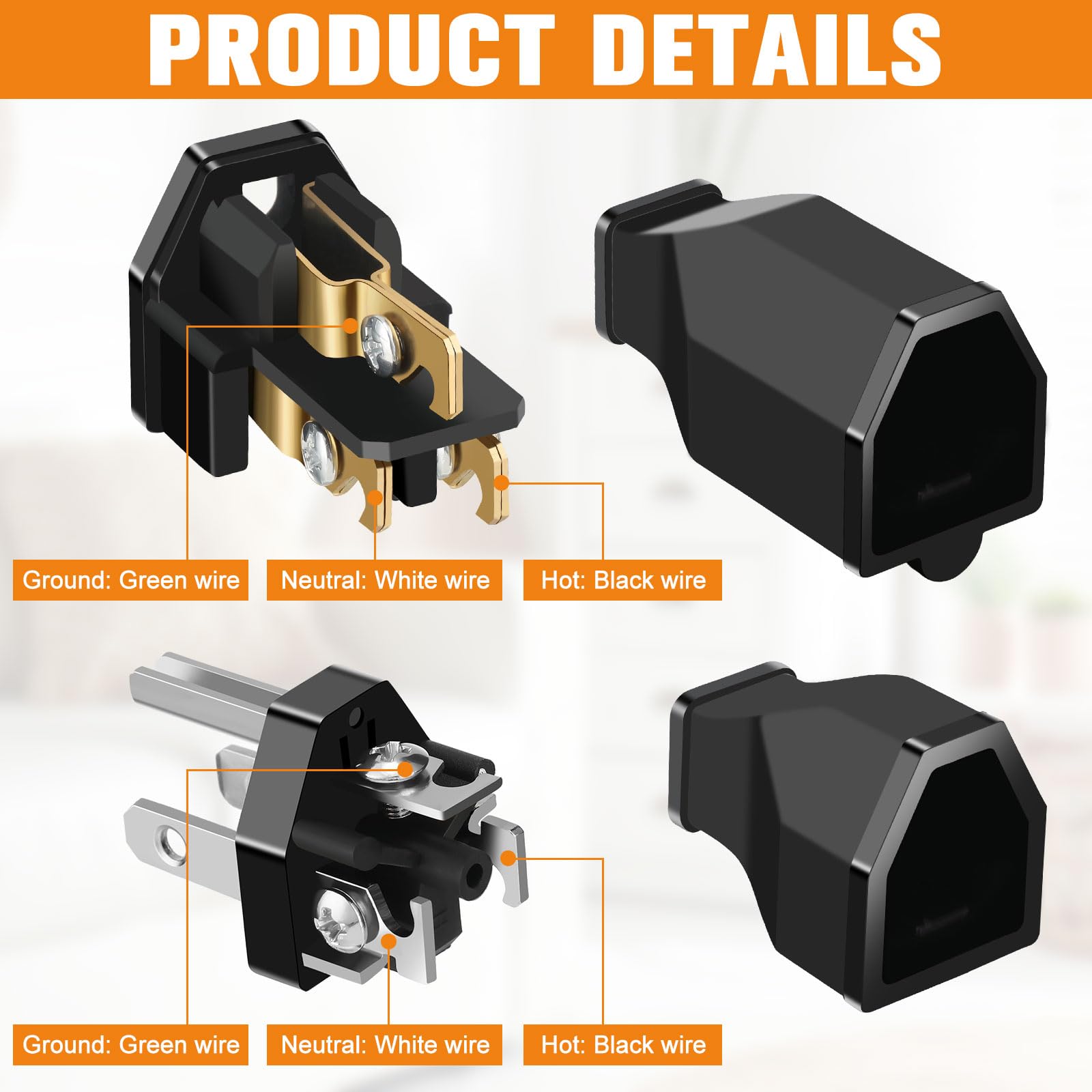 Treela 5 Sets Extension Cord Plug Replacement Extension Cord Ends 125V 15A 2 Pole 3 Wire Male And Female Connector Straight Plug