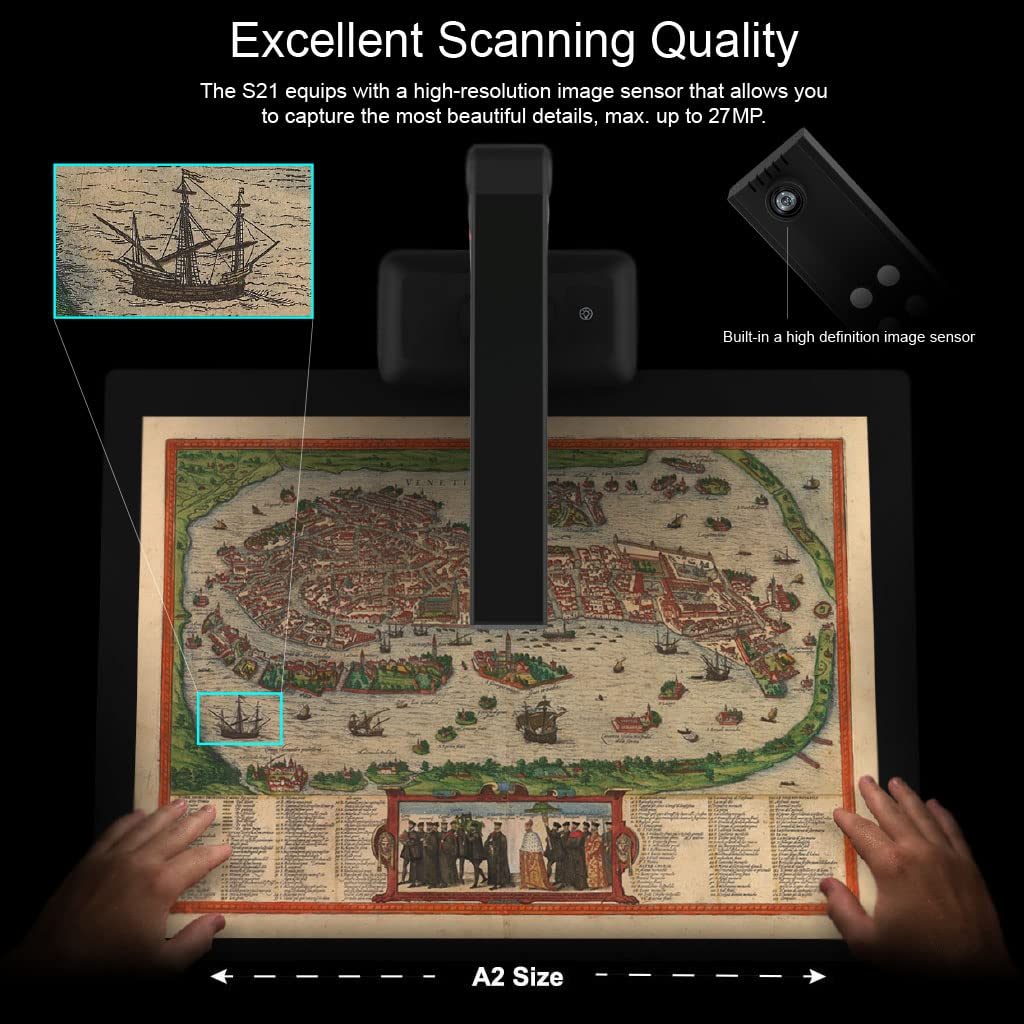 Viisan S21 Large Format Book & Document Scanner, Capture A2, 26Mp High Resolution, Auto Flatten & Fingerprint Removal Technologi
