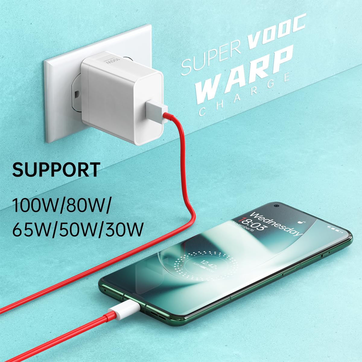 100W For Oneplus 12 12R 11 Charger, Supervooc 80W Warp Charger 65W 30W For Oneplus 10 9 Pro 10T 10R 8T 8 7T 7 Pro Open Nord 2T Ce 3 2 Lite N30 N20 N10 9R 6T One Plus Oppo Realme Fast Charge 5Ft Cable