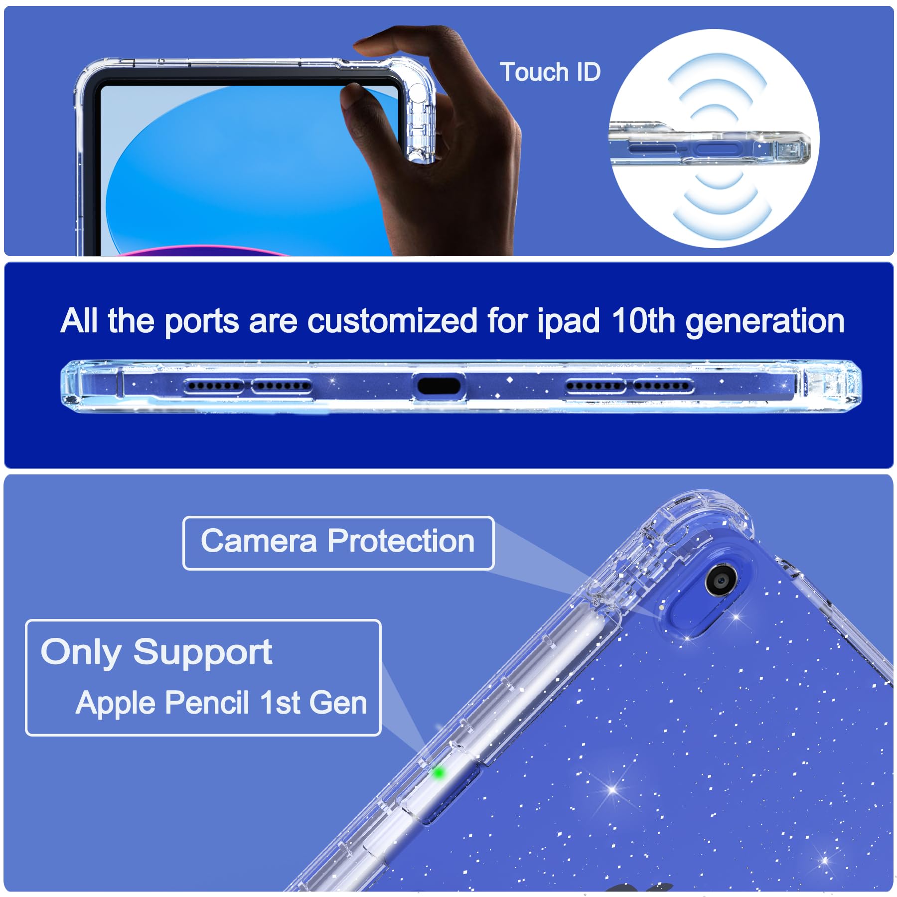 Rantice Ipad 10Th Generation Case, Pencil Holder & Kickstand   Slim, Glittery And Shockproof Bumper For Women And Girls, Clear G