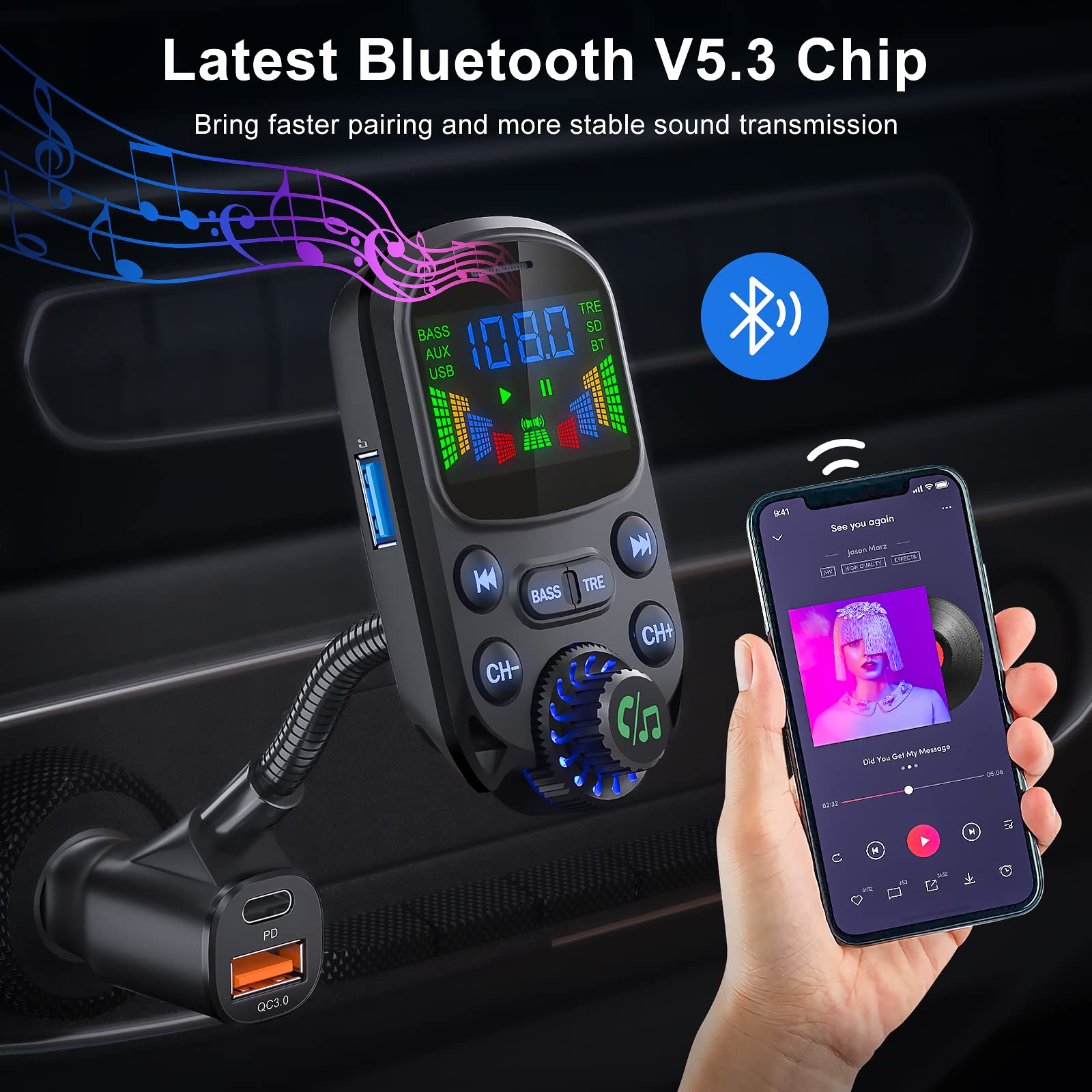 Bluetooth 5.3 Fm Transmitter For Car  Soarun Bluetooth Car Adapter Pd30W & Usb Port Fast Charge   Hifi Treble & Bass Player   1.