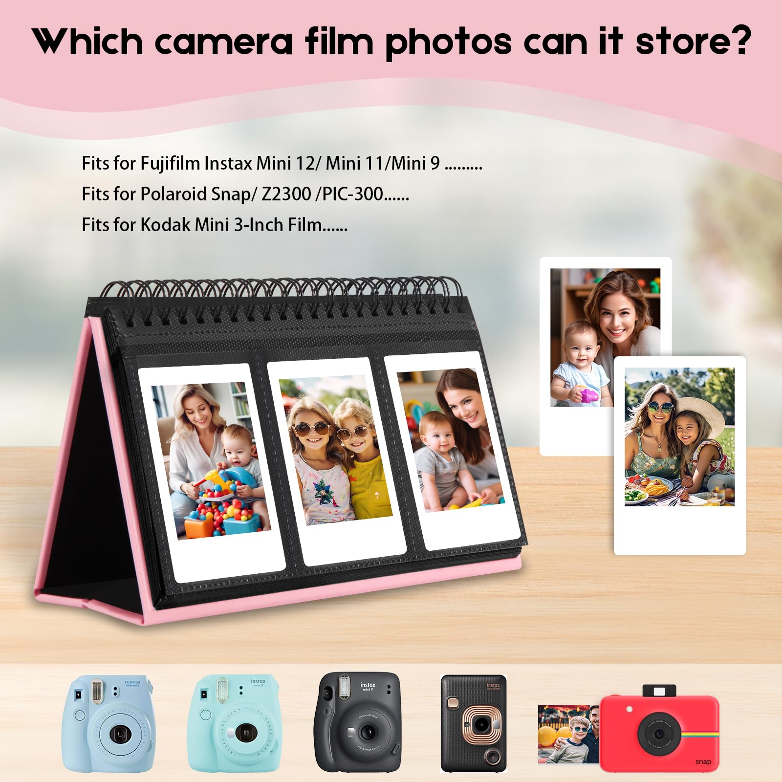 96 Pockets Desk Mini Photo Album For Fuji Instant Mini 12/Mini 11/Mini 9/Mini Evo/Mini 40, Polaroid Z2300/Polaroid Pic 300P/Polaroid Z2300/Polaroid Snap Film,2X3 Inch Name Card (Pink)