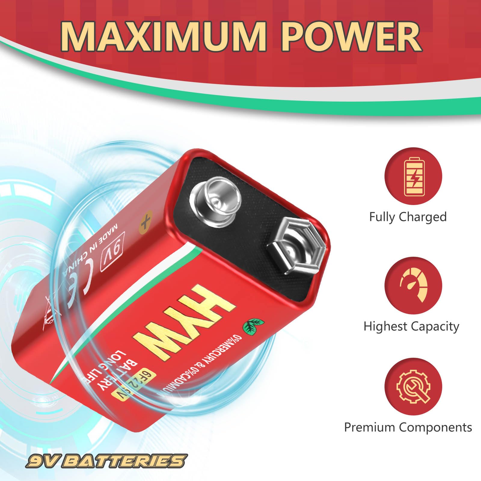 Fitinoch 4 Pack 9 Volt Batteries, Long-Lasting 9V Battery For Smoke Detector, Guitar Pedals