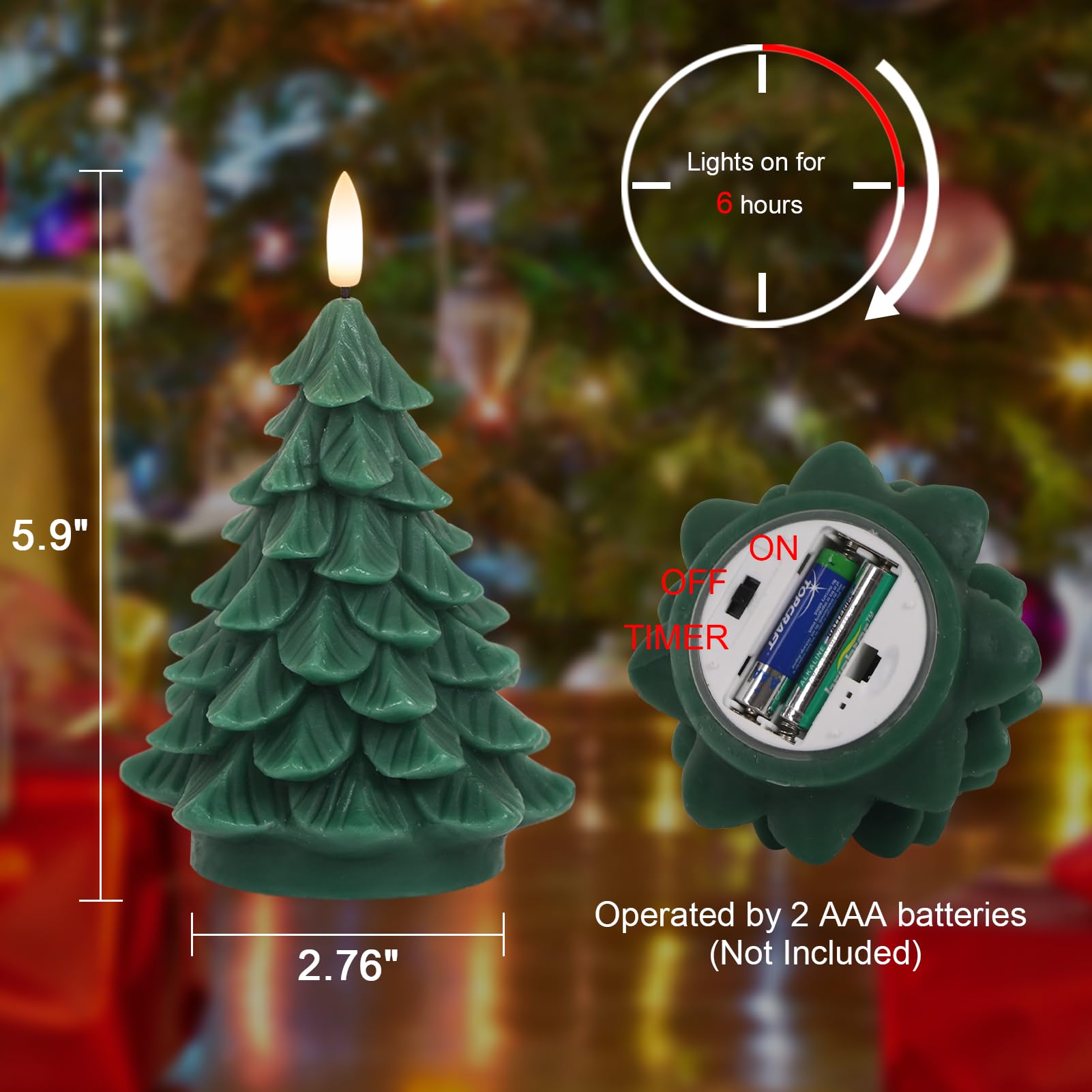 Wondise Christmas Tree Flameless Candles Timer, 2 Packs Green Real Wax Battery Operated 3D Wick Led Flickering Candles Realistic
