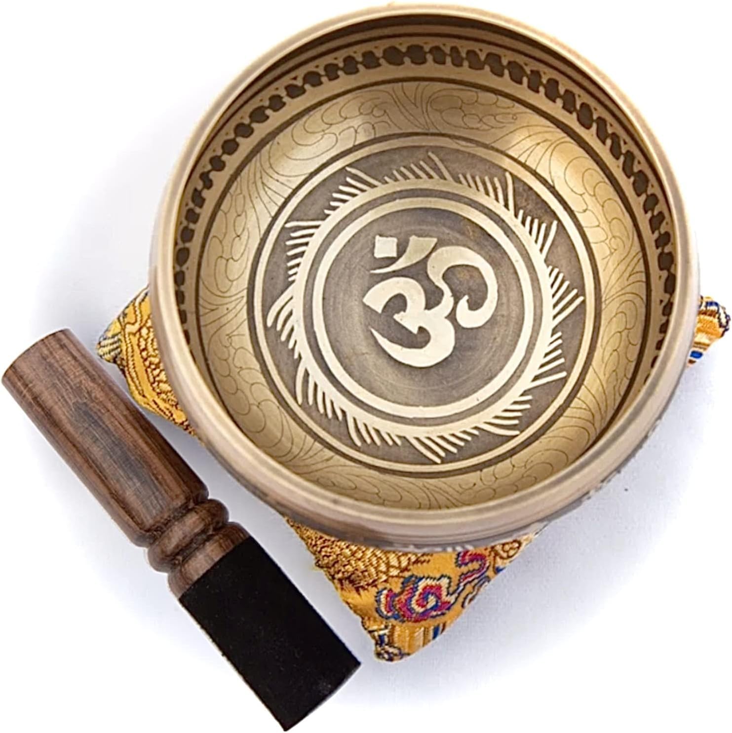 Tibetan Singing Bowl Set - Bronze Master Grade With Pure Tone & Thangka Art - Handmade In Nepal By Himalayan Bazaar (Gold & Yell