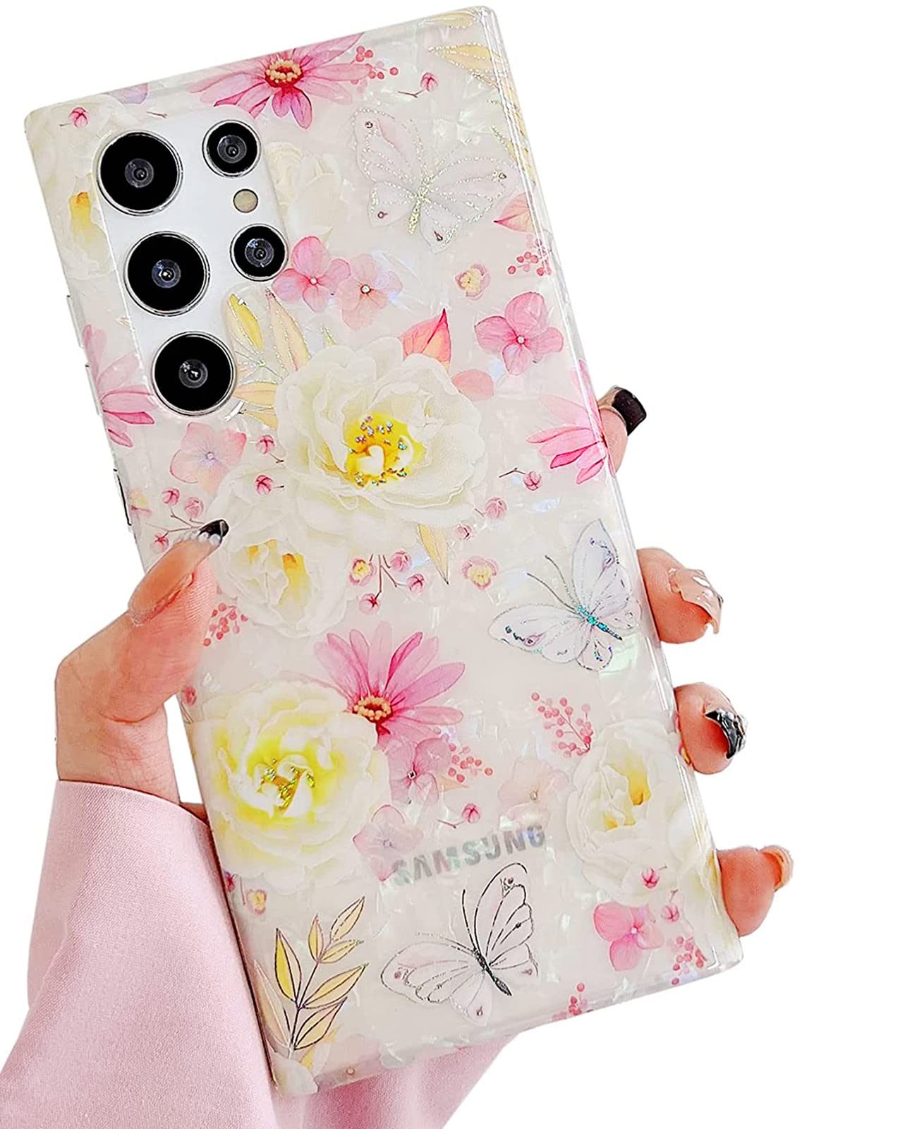 J.West Galaxy S22 Ultra Case 5G, Luxury Sparkle Glitter Translucent Clear Colorful Opal Pearly Thinfoil Design Shiny Floral Prin