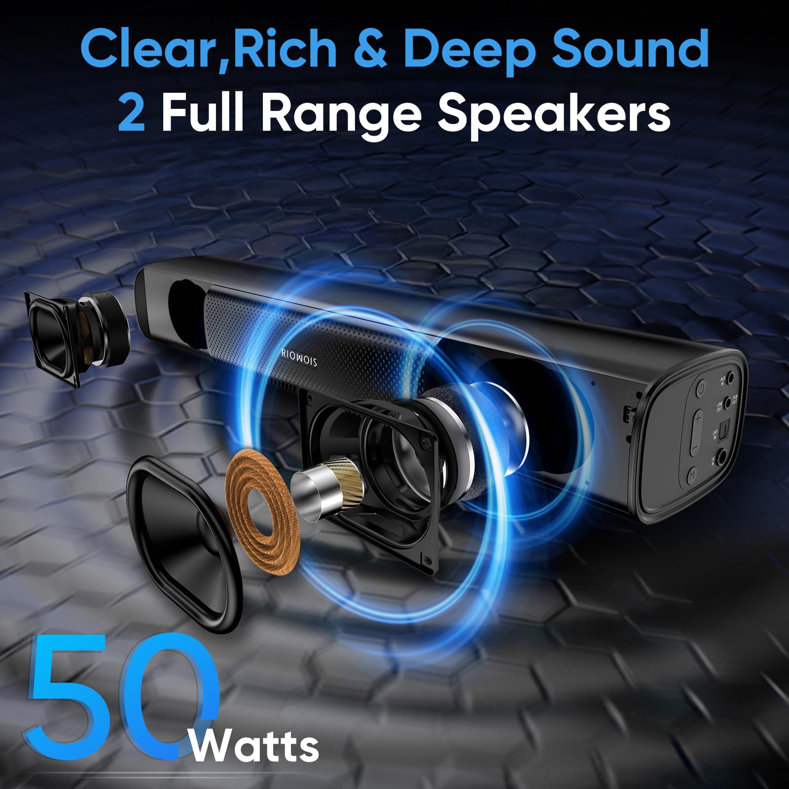 Riowois Sound Bar For Smart Tv, Bass Boost And Crisp Vocals,Bluetooth Soundbar For Tv/Pc/Gaming/Projectors,Optical/Aux/Wall Moun