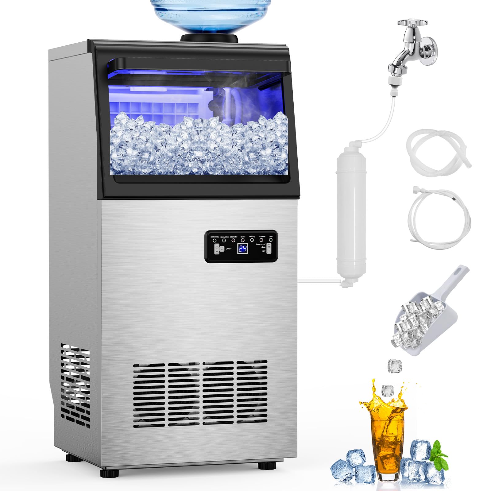 Commercial Ice Maker Machine 110 Lbs/24H, 36 Ice Trays Freestanding & Undercounter Ice Machine Stainless Steel With 20 Lbs Ice S