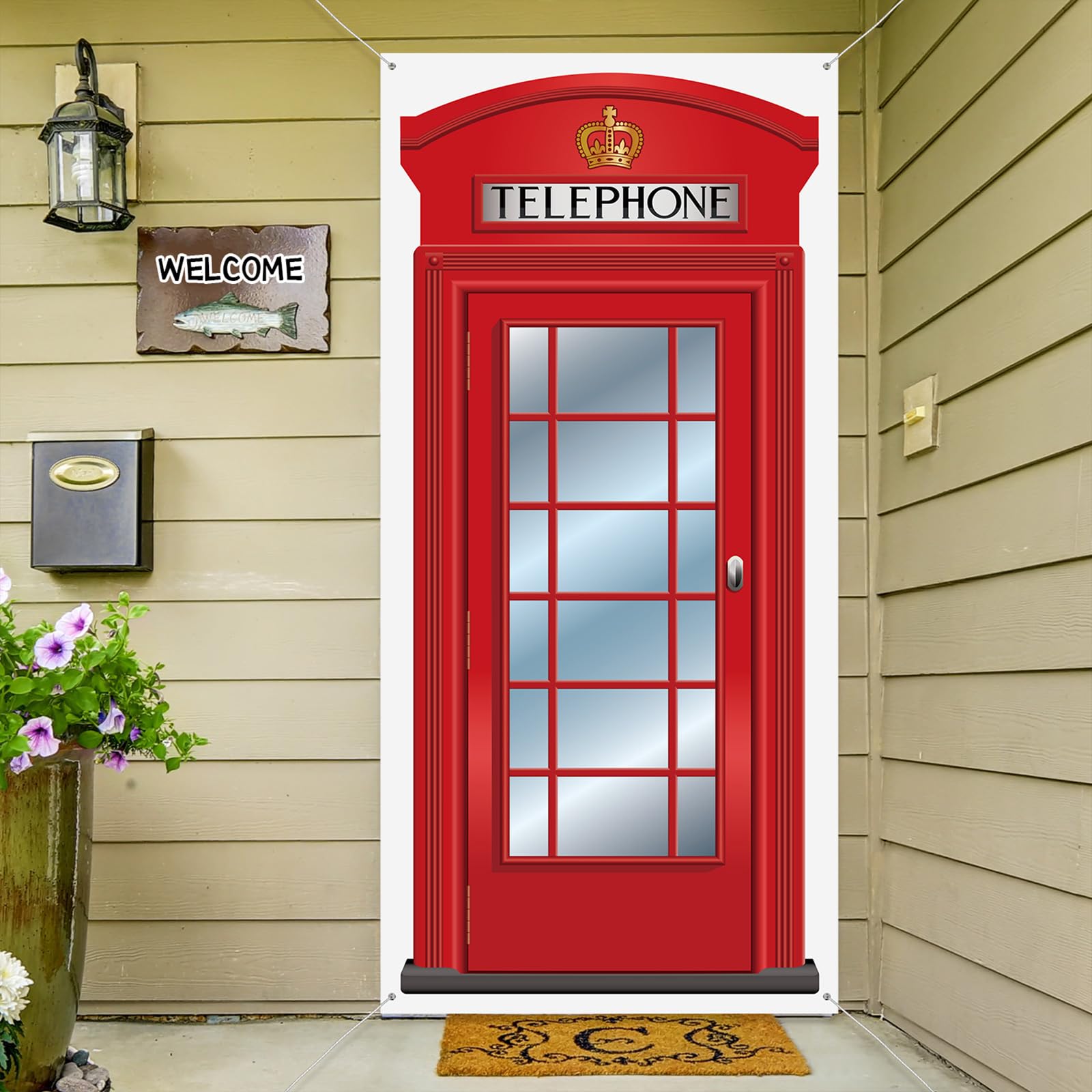 English Phone Booth Door Cover, Large Fabric Red Telephone Box Door Cover Home Jointed Phone Box Decor Banner for Photo Backdrop