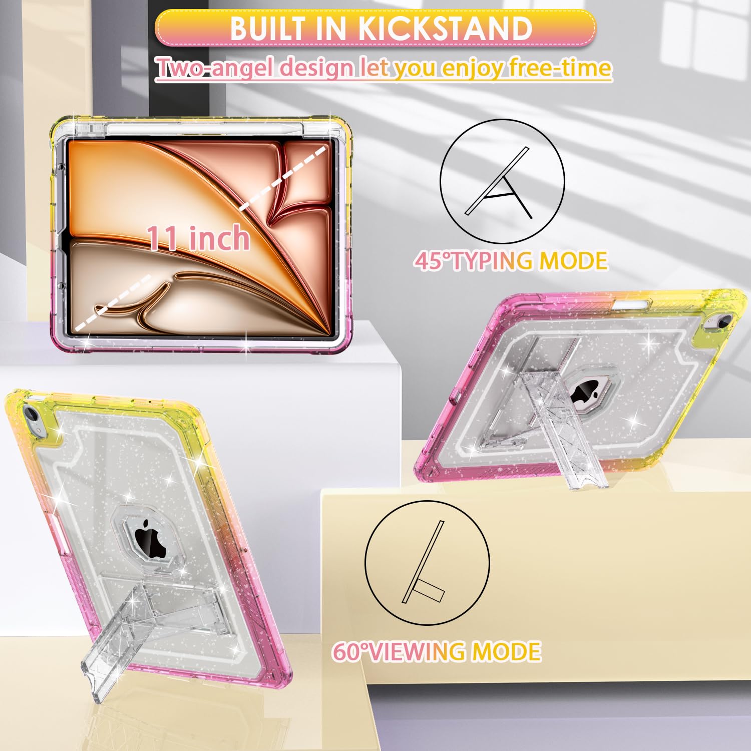 Zonefoker For Ipad Air 11 Inch Case 6Th/5Th/4Th Generation M2 11 Inch 2024/2022/2020 Case, Glitter Slim Cover For Kids With Penc