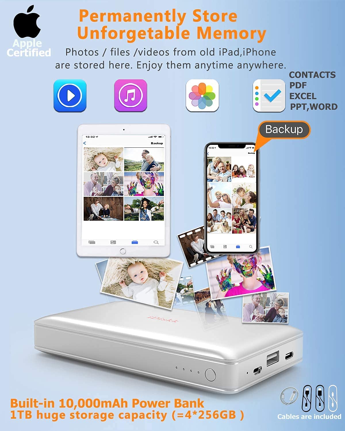 Idiskk App Le Mfi Certified 1Tb Ipad External Hard Drive Photo Stick For Iphone 16/15 Android Photo Backup Storage For Iphone 15/14/13/12/12 Pro Max/12 Pro/11 Pro/X/Xr,Mac/Imac/Pc,10000Mah Power Bank