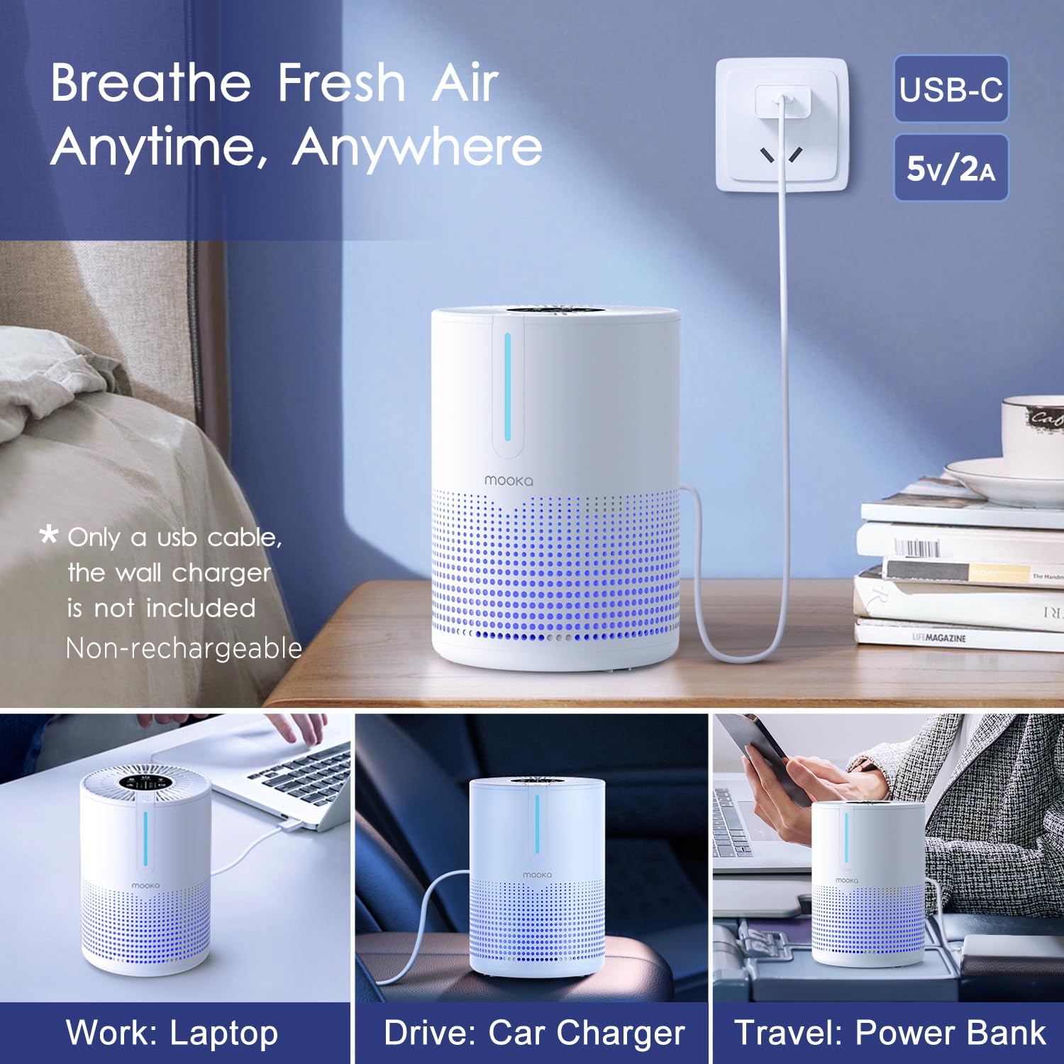 Air Purifiers For Bedroom Home 430 Sq.Ft, Mooka H13 Hepa Filter Small Portable Air Purifier With Usb Cable Fragrance Sponge For