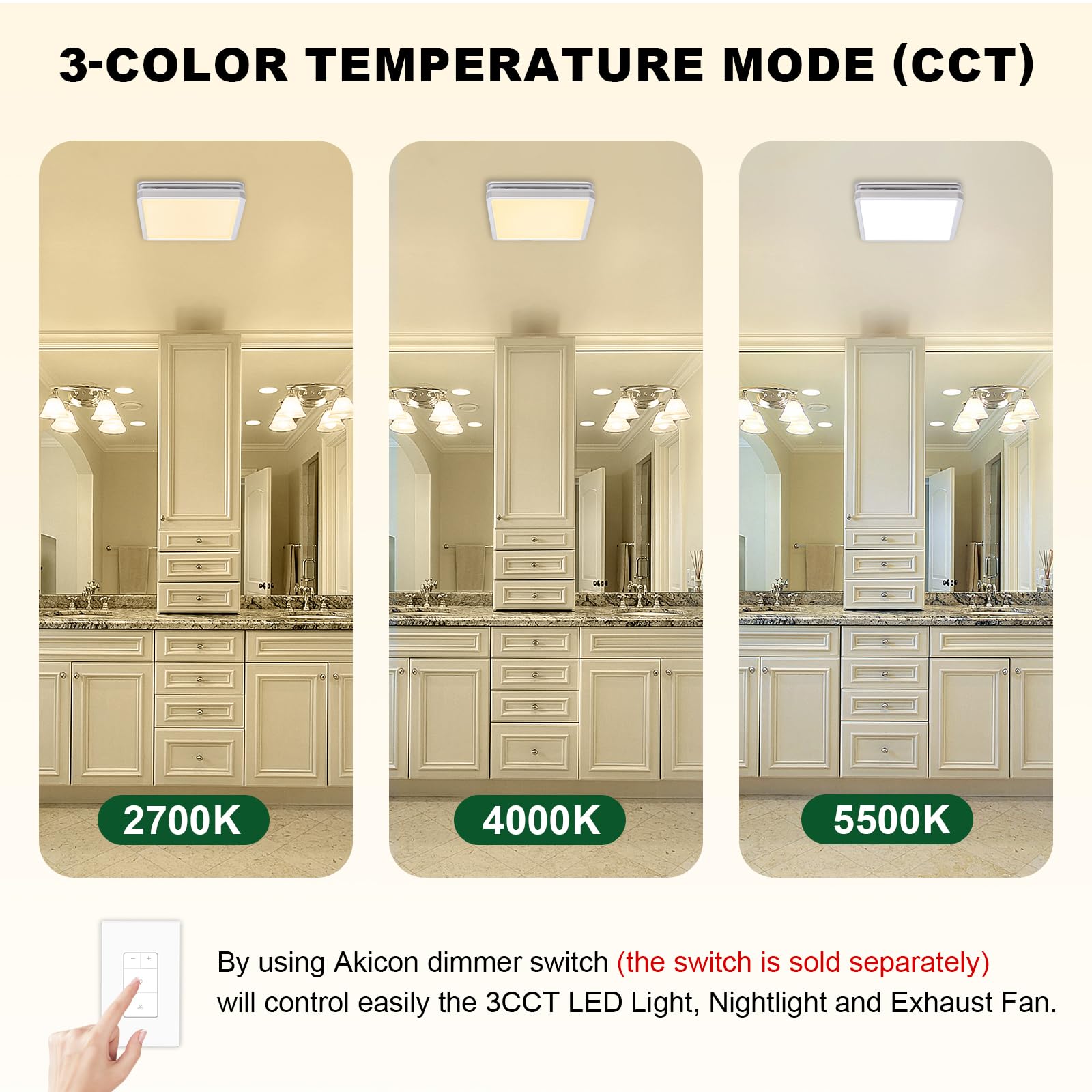 Akicon Bathroom Exhaust Fan With Shower Light, 15W Dimmable 3Cct Led With 3.5W Night Light Vent Fans, 80 Cfm, 2 Sones Bath Fan L